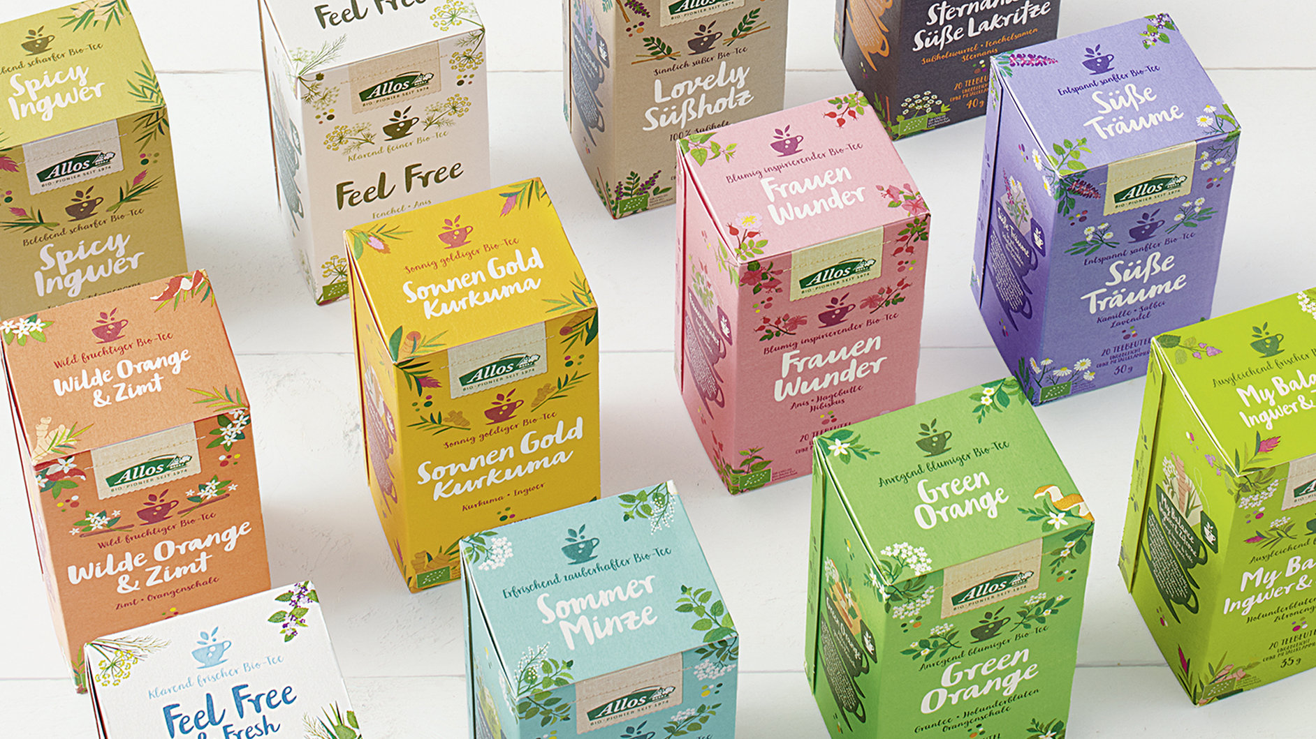 Colourful packaging design for the Allos tea range by HAJOK