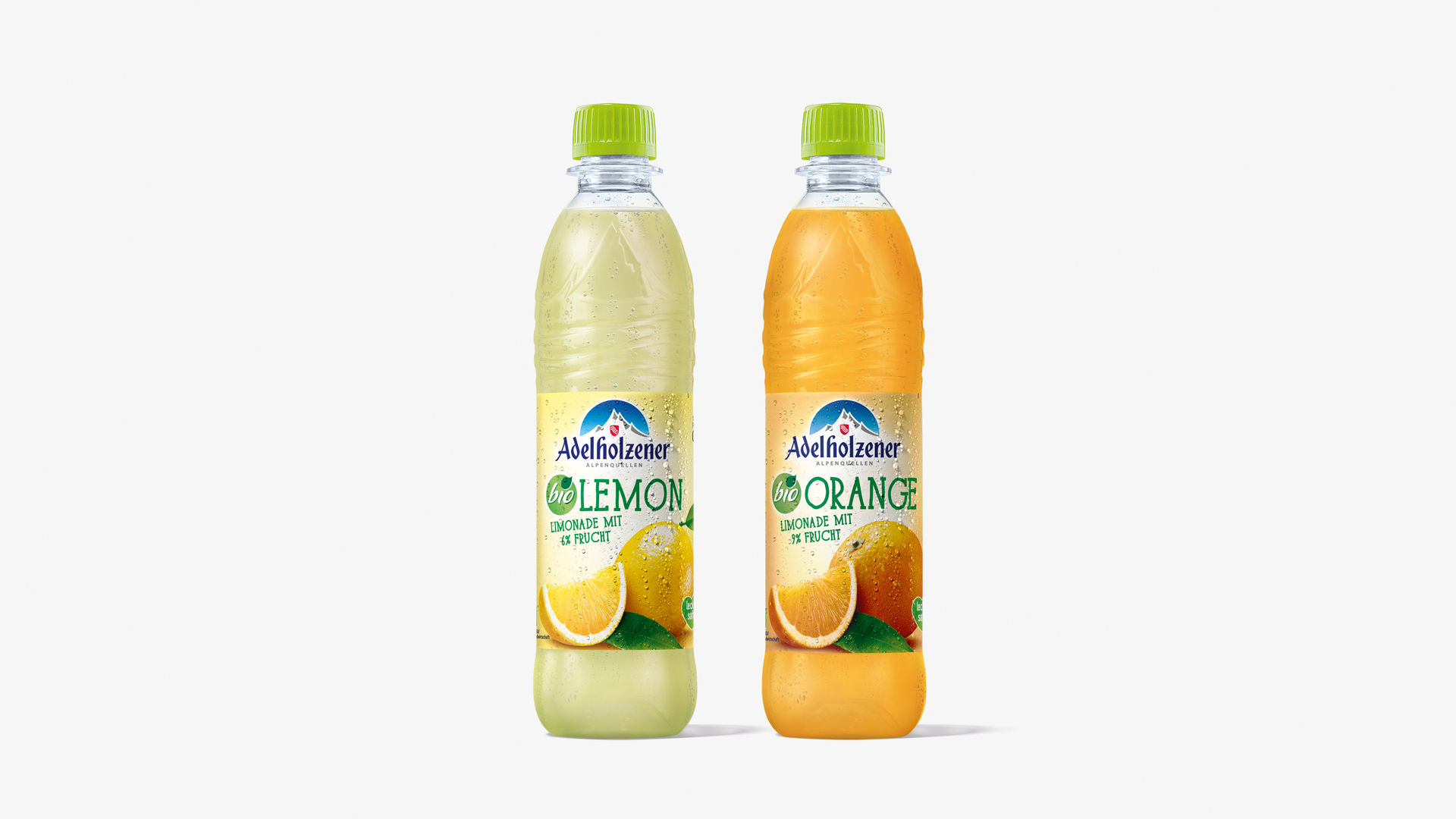 Zwei  Biolimonaden von Adelholzener, Orange und Zitrone, mit altem Design vor dem Relaunch durch Verpackungsdesign Agentur HAJOK