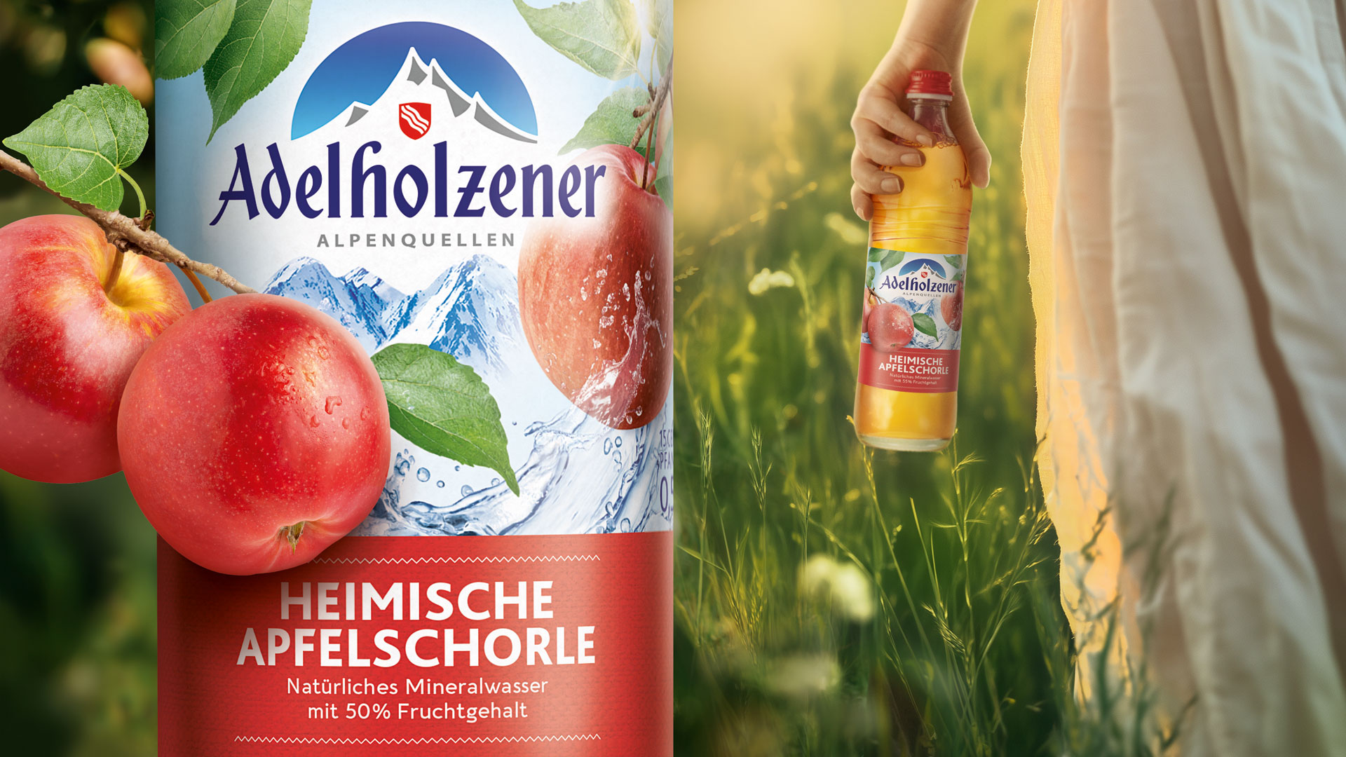 Verpackungdesign der Adelholzener Heimische Apfelschorle Glasflasche