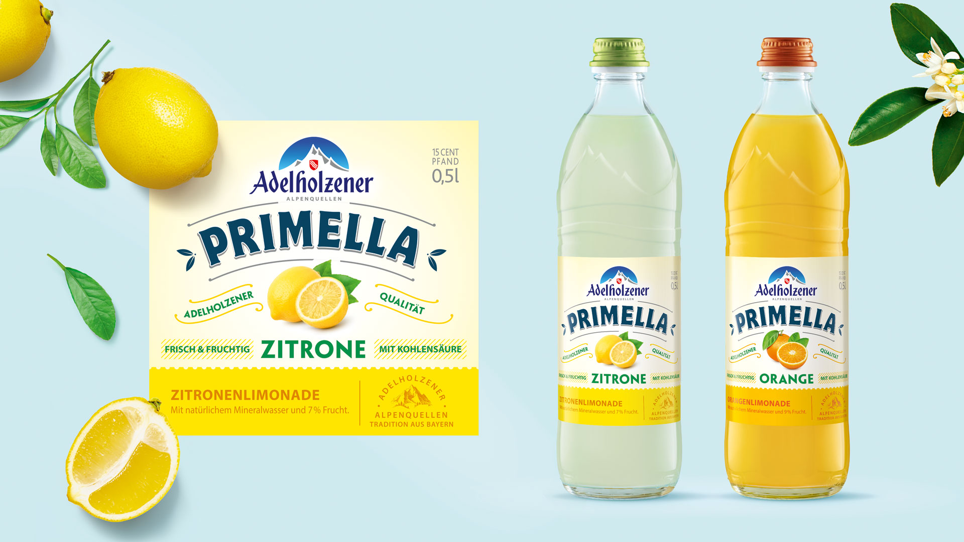 Packshots und Etikett Verpackungsdesign von Adelholzener Primella Zitrone und Orange