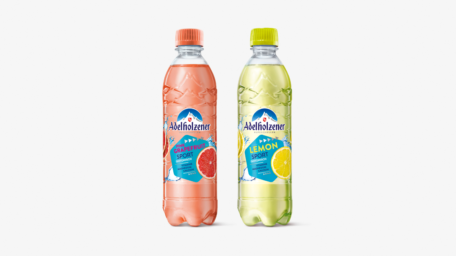 Packshots von Adelholzener Pink Grapefruit Sport und Lemon Sport
