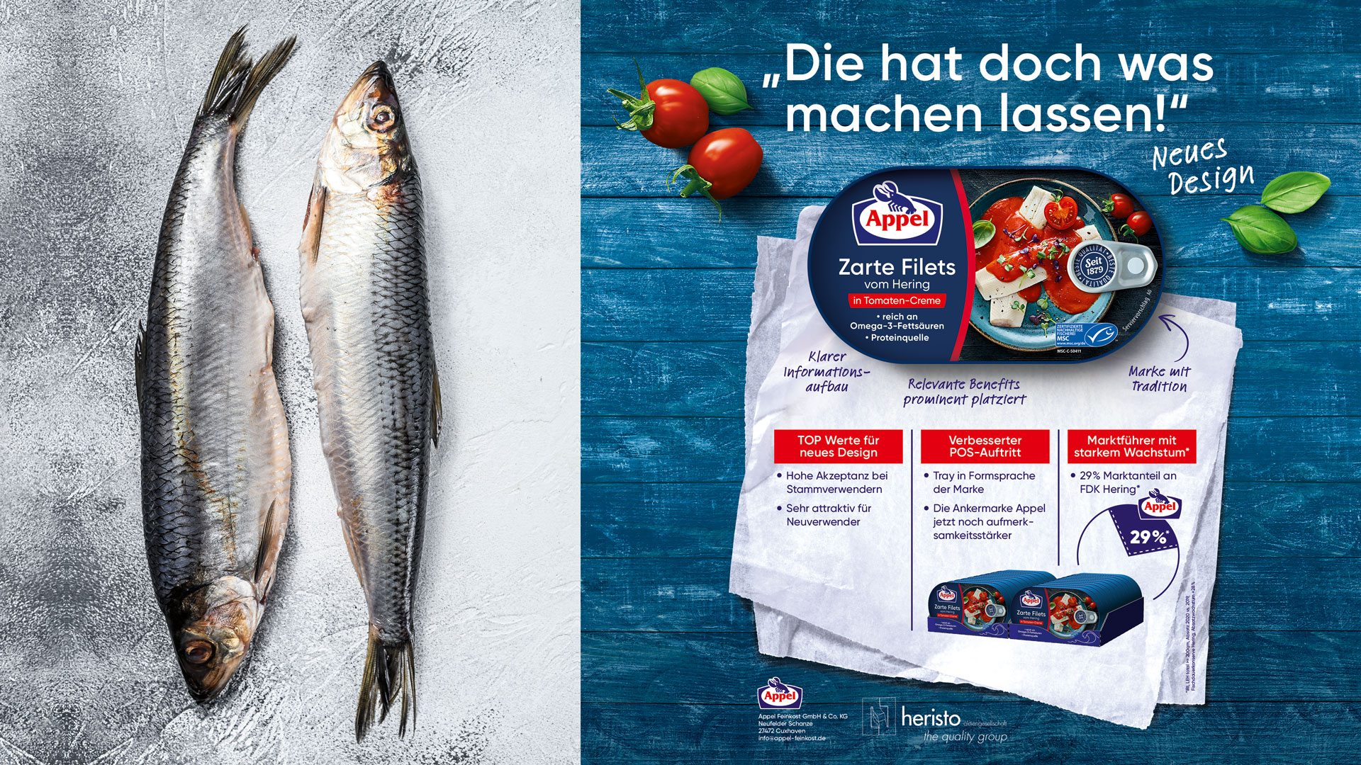 Appel Zarte Filets vom Hering im neuen Design – klare Infos, starke Regalwirkung, bewährter Geschmack.