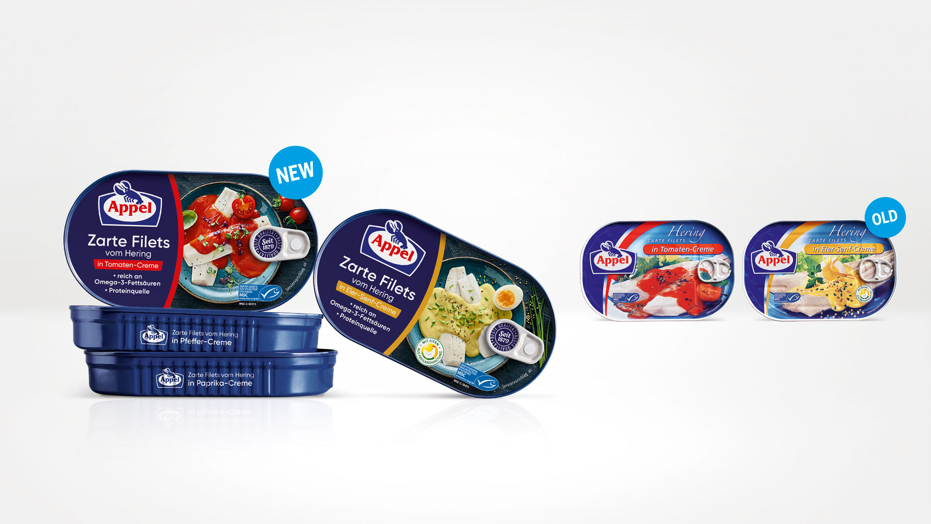 Verpackungsdesign für Appel Zarte Filets vom Hering, Vergleich vom alten zum neuen Design der Verpackungsdesign Agentur HAJOK