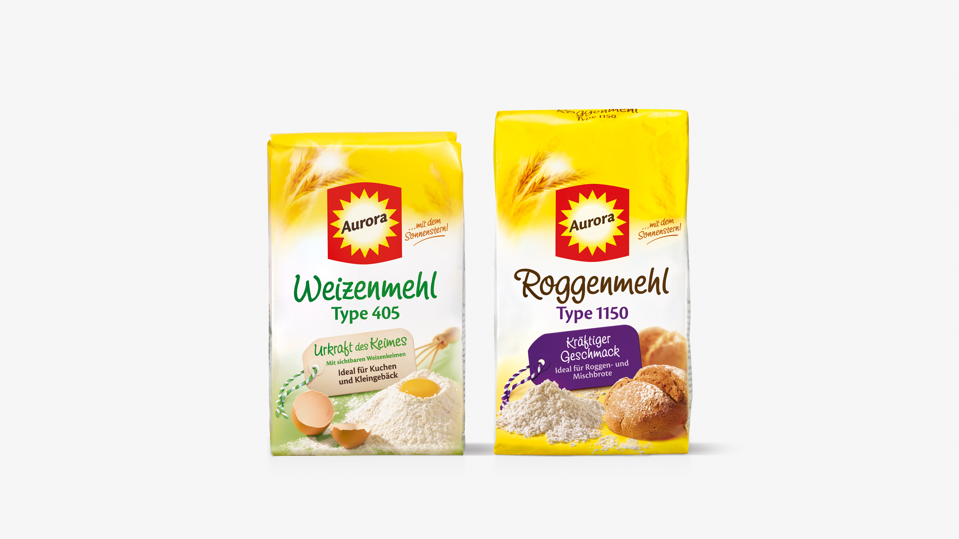 Verpackungsdesign für Aurora Weizenmehl und Aurora Roggenmehl