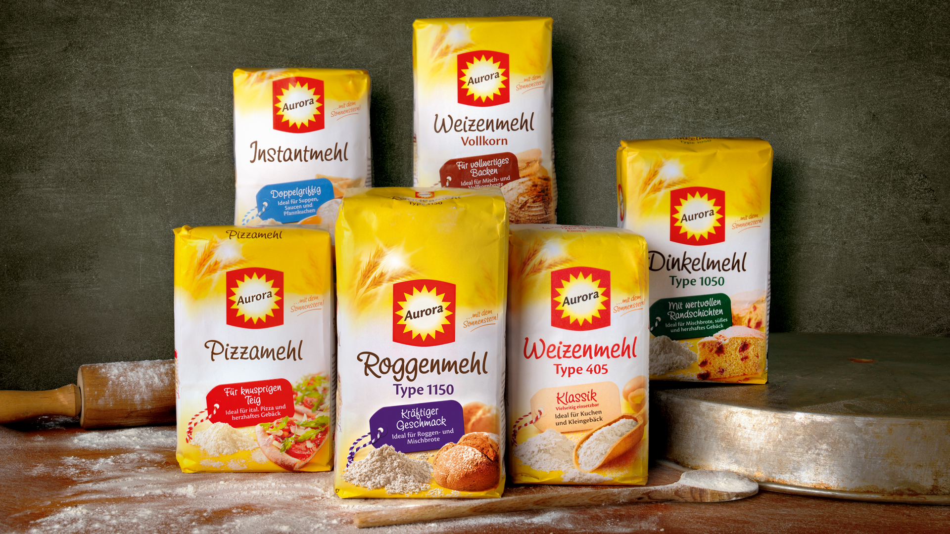 Verpackungsdesign für Aurora Weizenmehl, Weizenmehl Vollkorn, Roggenmehl, Dinkelmehl, Instantmehl und Pizzamehl