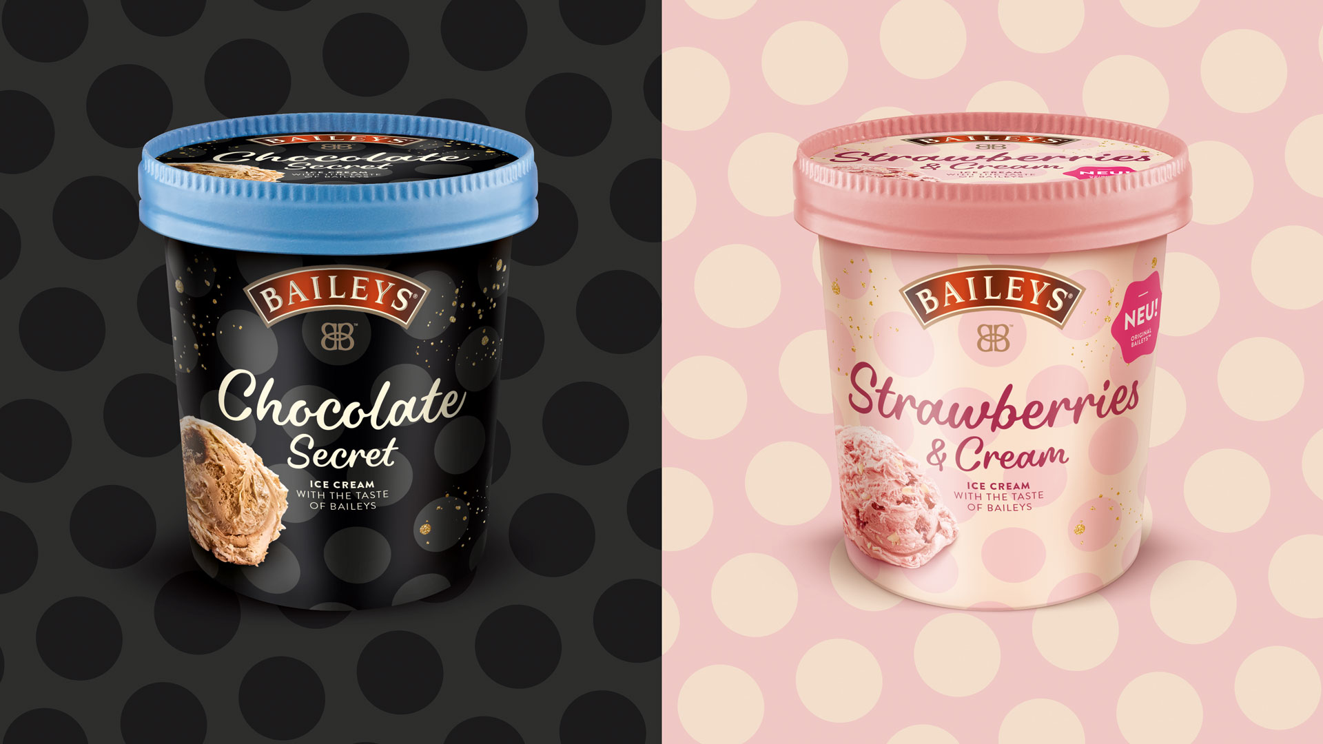 Verpackungsdesign Packshots von Baileys Chocolate Secret und Strawberries & Cream Ice Cream