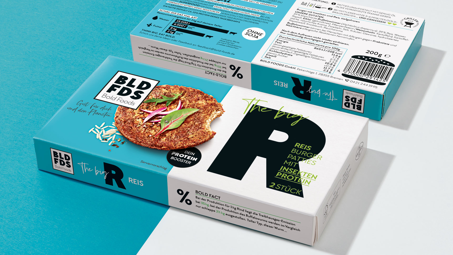 Verpackungsdesign Bold Foods Reis Burger Patties mit Insektenprotein