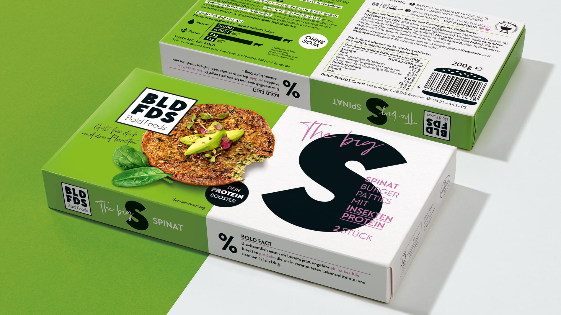 Verpackungsdesign Bold Foods Spinat Burger Patties mit Insektenprotein