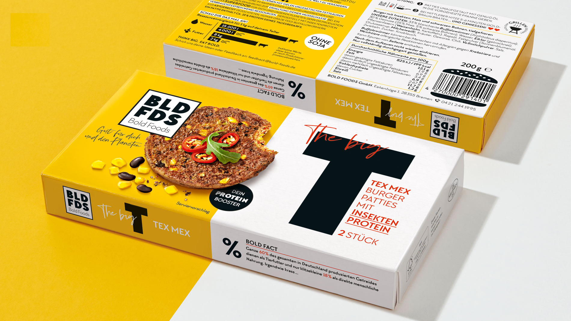 Verpackungsdesign Bold Foods Tex Mex Burger Patties mit Insektenprotein