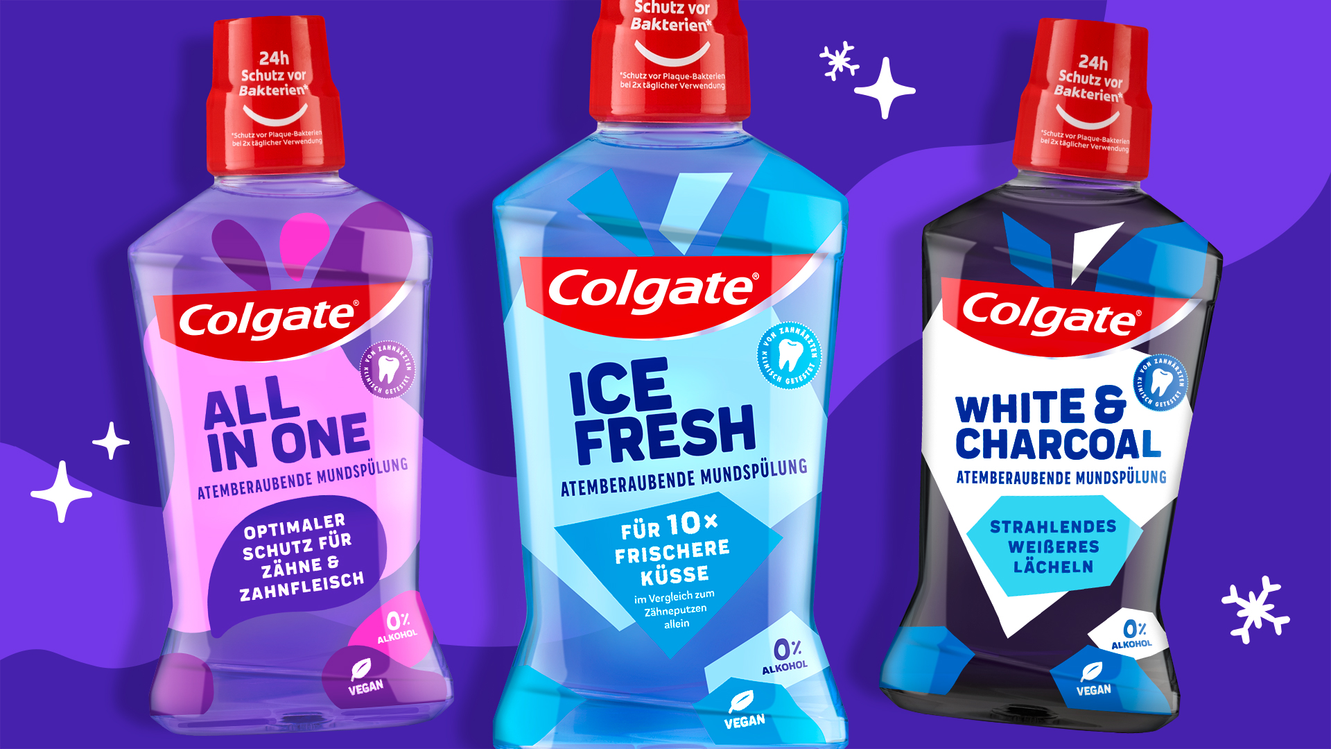 Verpackungsdesign Mundspülung Colgate, Ice Fresh, All in One, White & Charcoal