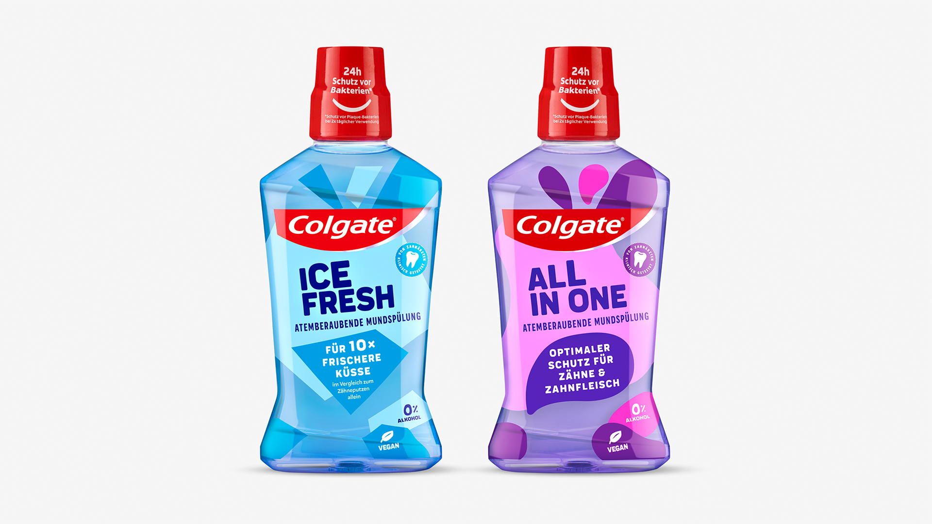 Verpackungsdesign Packshots von Colgate Ice Fresh und All in One Mundspülung