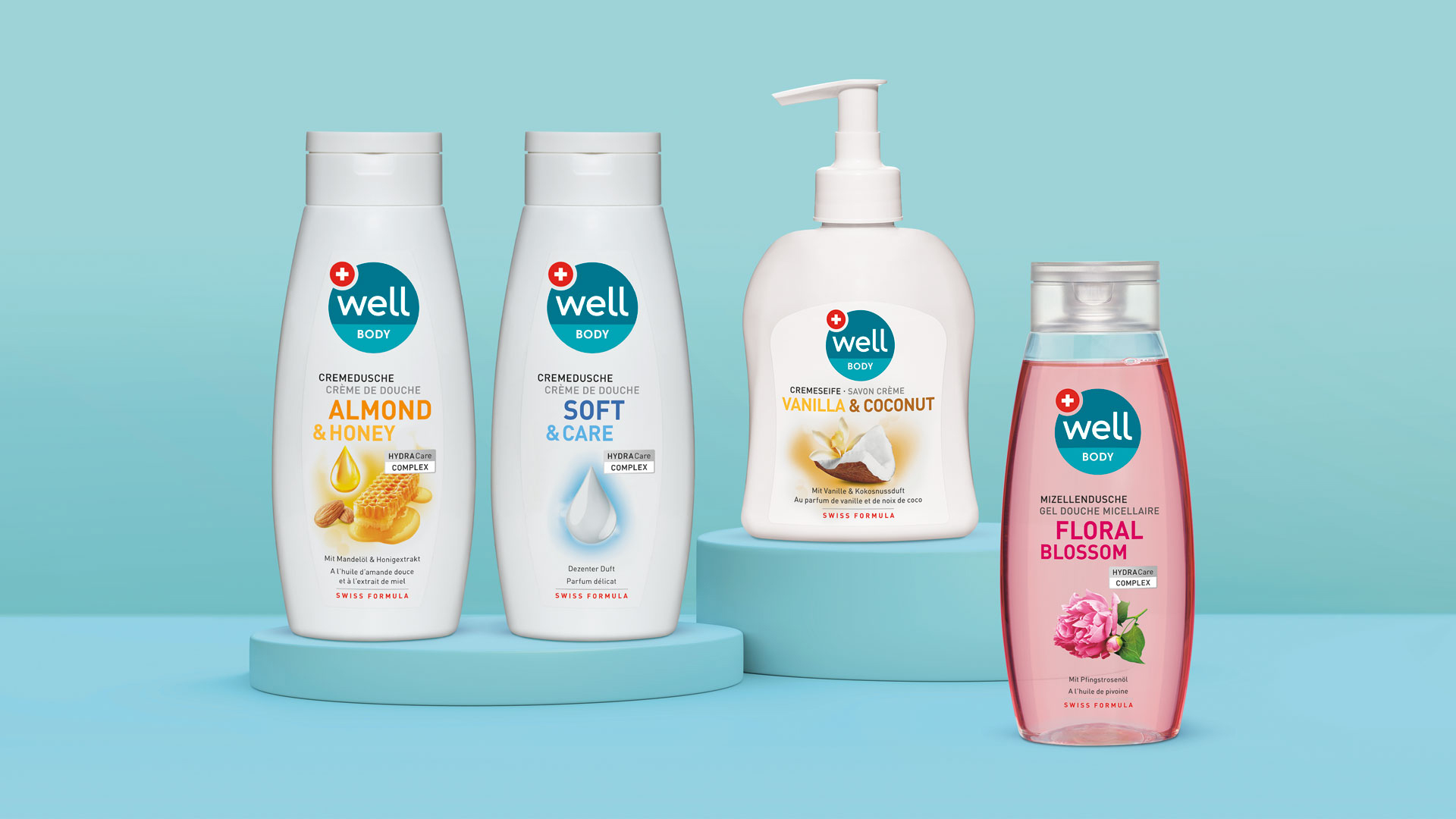 Verpackungsdesign Packshots well body Cremedusche Cremeseife und Mizellendusche