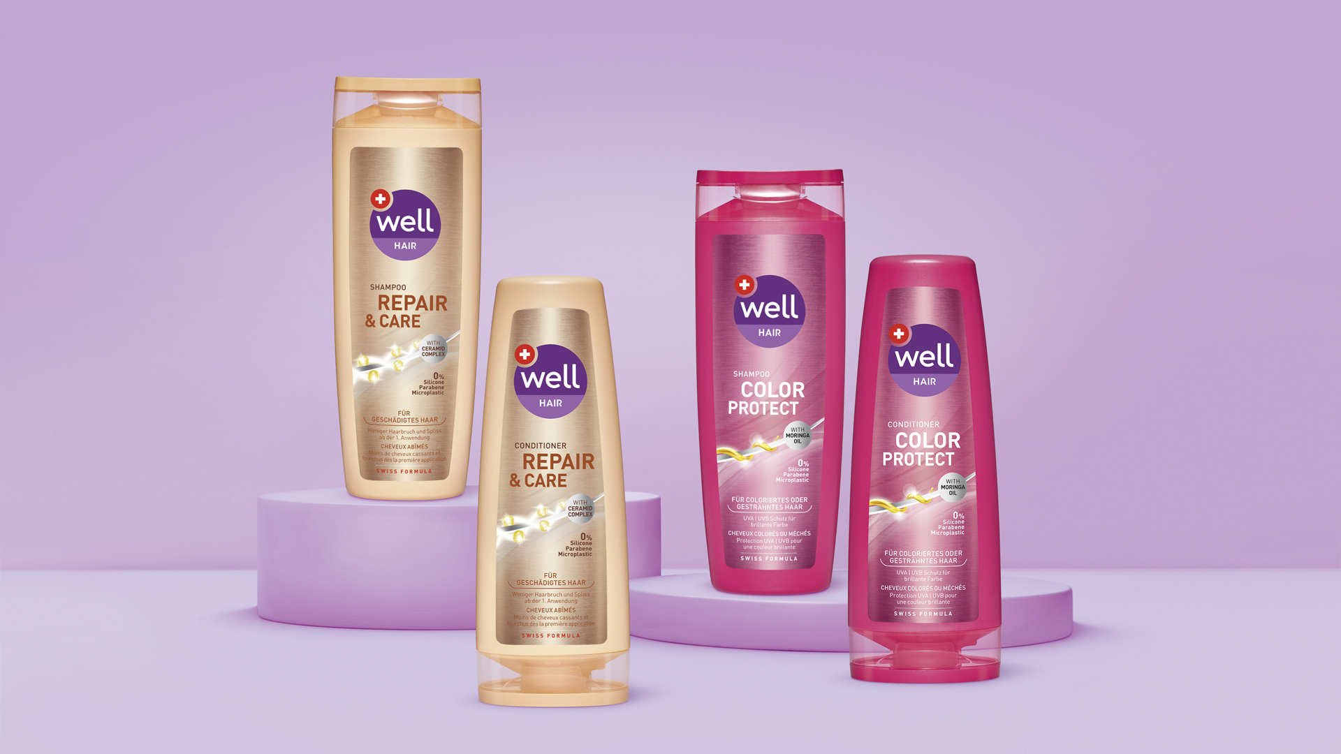 Verpackungsdesign Packshots von well Hair Repair & Care und Color Protect