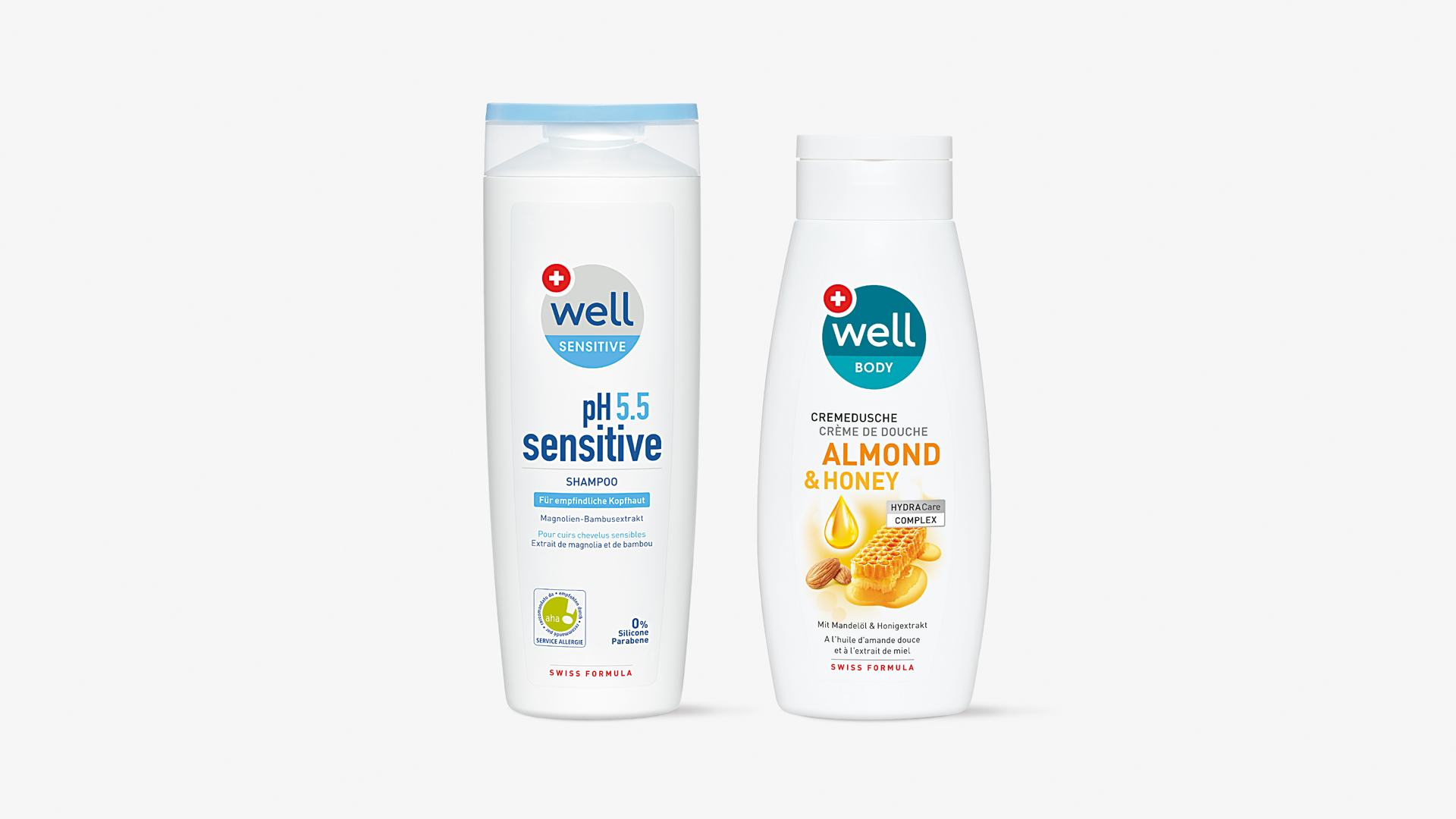 Verpackungsdesign Packshots von well Sensitive Shampoo und well Body Cremedusche