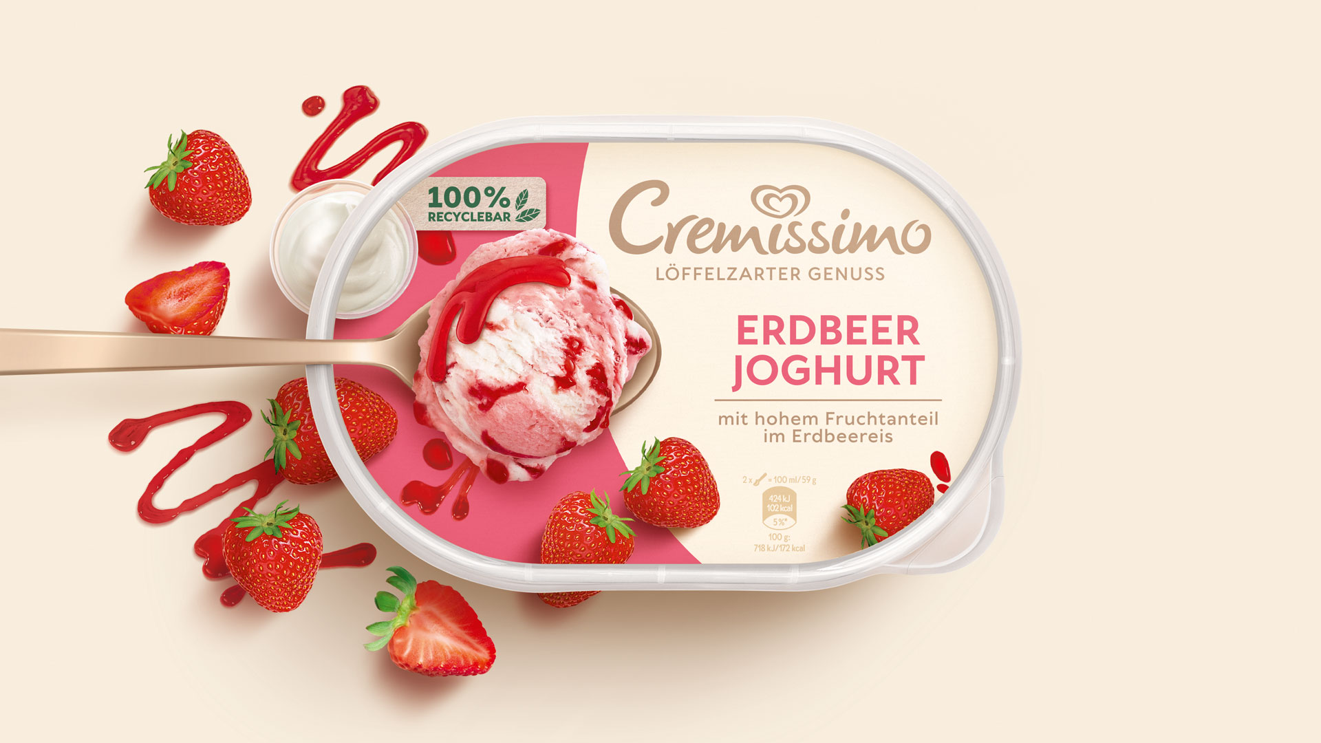Verpackungsdesign Packshot Langnese Cremissimo Erdbeer Joghurt der Design Agentur HAJOK