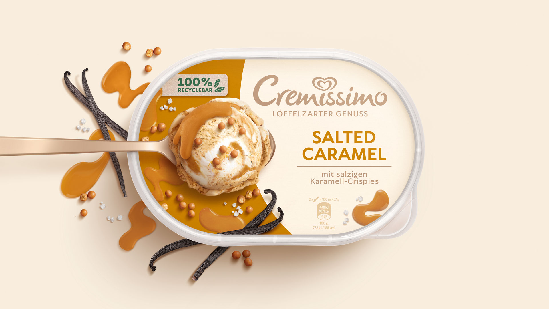 Verpackungsdesign Packshot von Langnese Cremissimo Salted Caramel der Design Agentur HAJOK