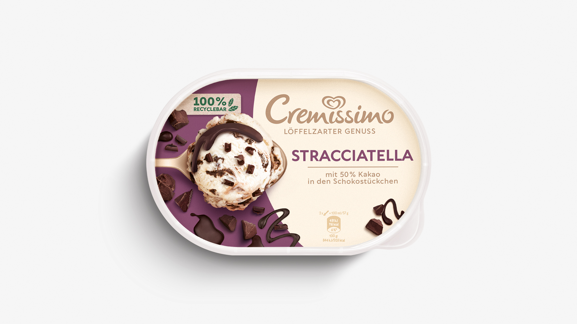 Neuer Verpackungsdesign Packshot von Langnese Cremissimo Straciatella der Desgin Agentur HAJOK