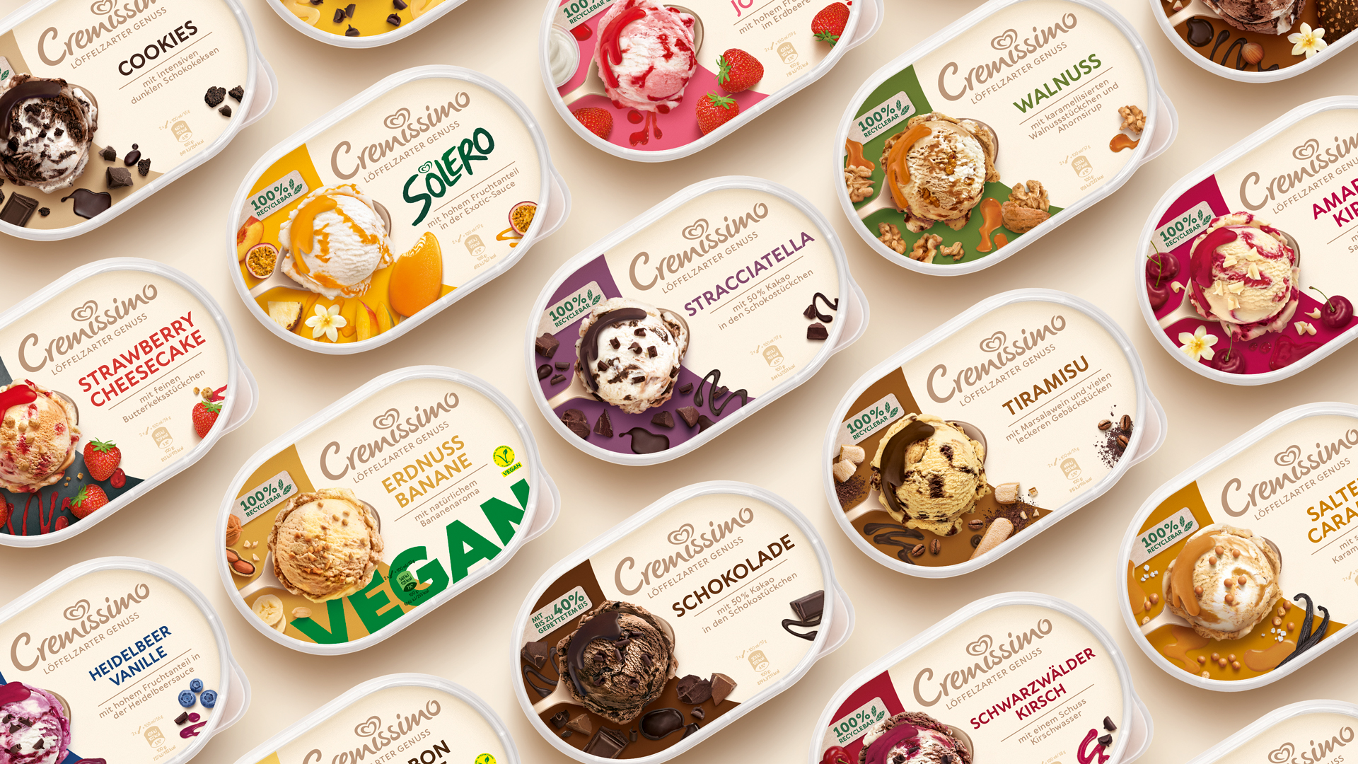 Verpackungsdesign Packshot Übersicht von Langnese Cremissimo Sorten