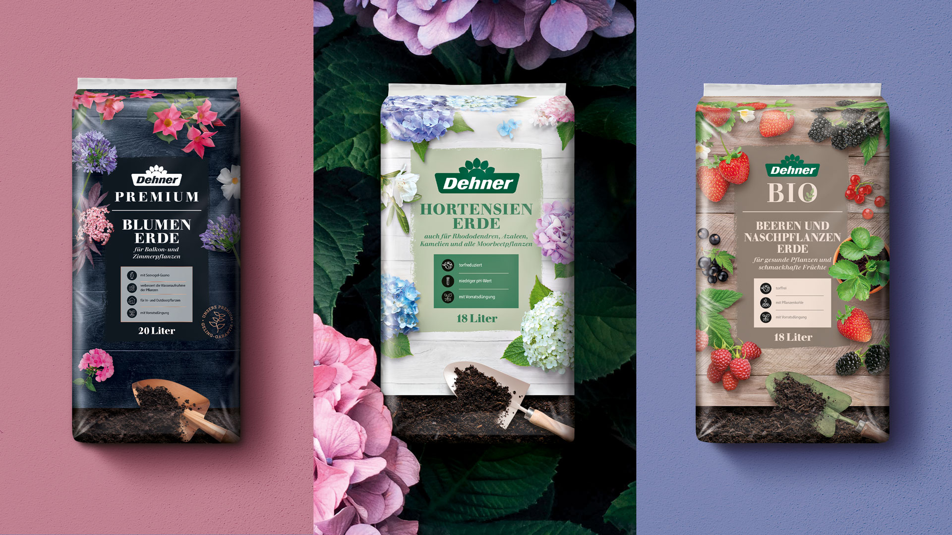 Verpackungsdesign von Dehner Blumenerde, Hortensien Erde sowie Beeren und Naschpflanzen Erde