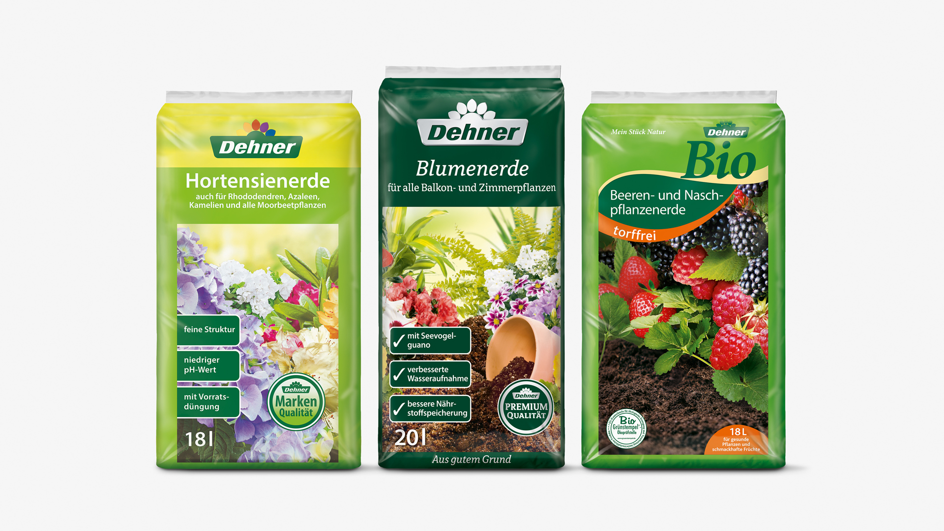 Drei alte Design Packshots von Dehner, Blumenerde, Hortensienerde, Beeren und Naschpflanzenerde