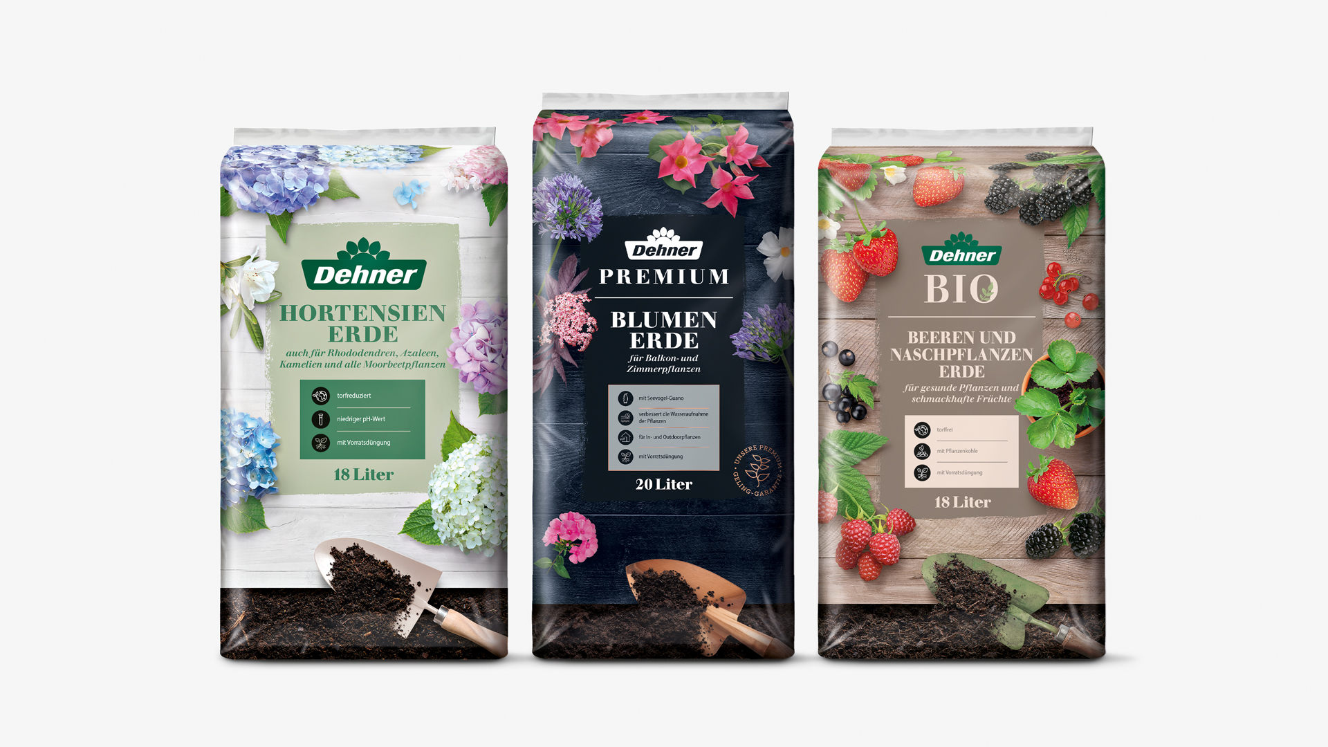 Verpackungsdesign von Dehner Blumenerde, Hortensien Erde sowie Beeren und Naschpflanzen Erde