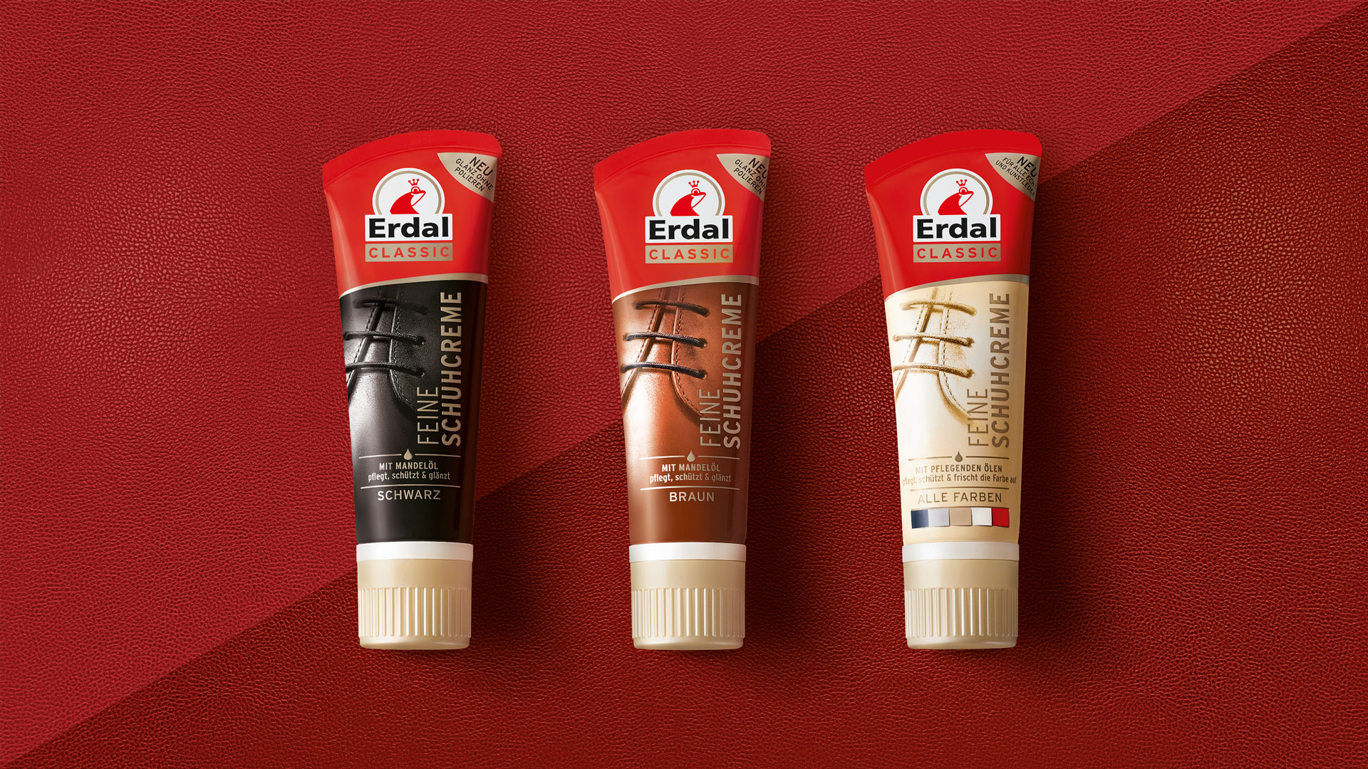 Verpackungsdesign Packshots für Erdal Schuhcreme auf rotem, geometrischem Leder Untergrund