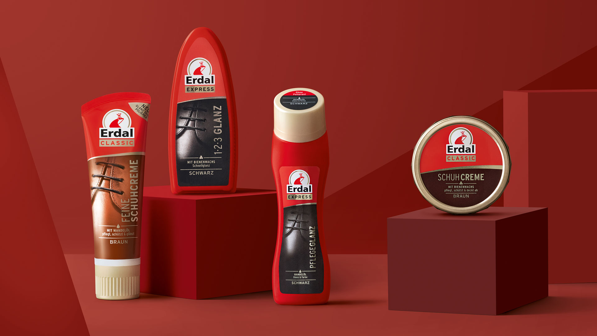 Varpackungsdesign Packshots für Erdal Schuhcreme in rotem, geometrischen Umfeld