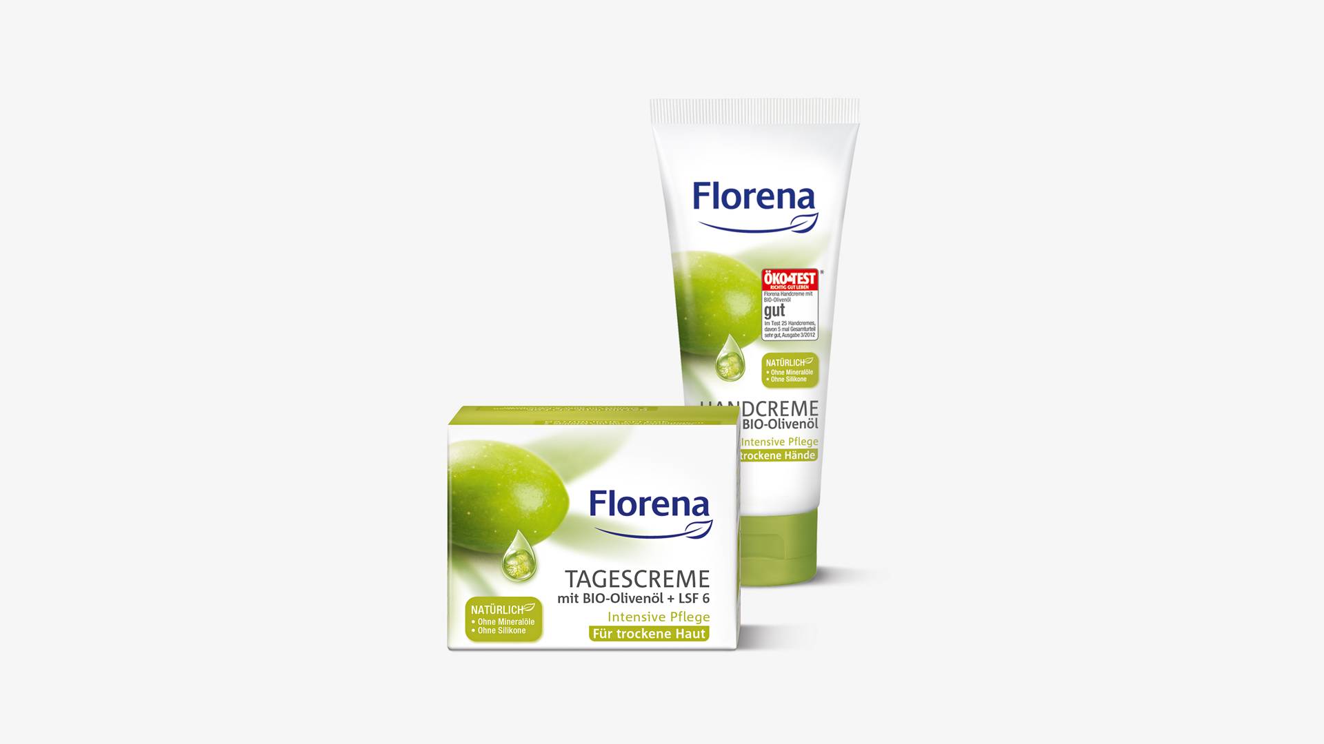 Zwei alte Verpackungsdesigns von Florian, Handcreme und Tagescreme