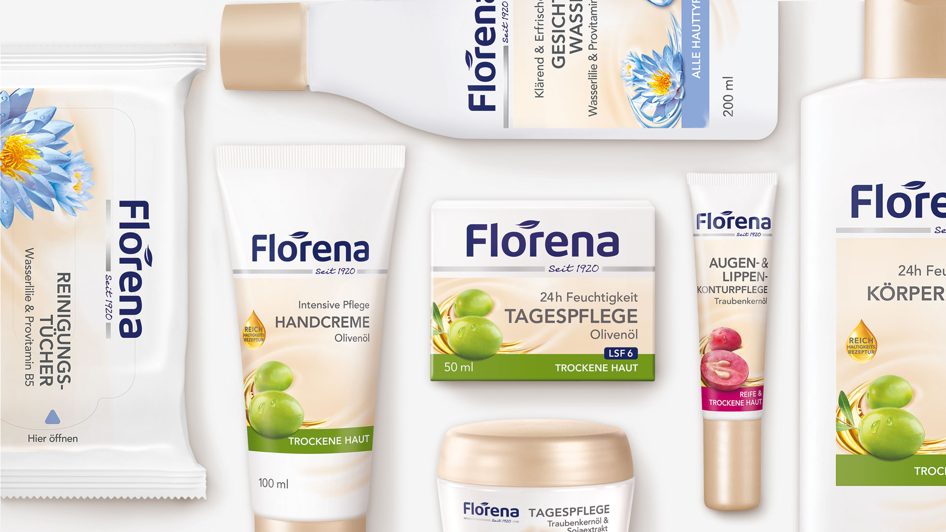 Verpackungsdesign Übersicht von Florena Packshots