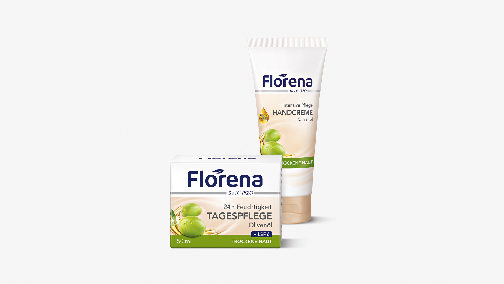 Verpackungsdesign Packshots von Florena Handcreme und Tagespflege