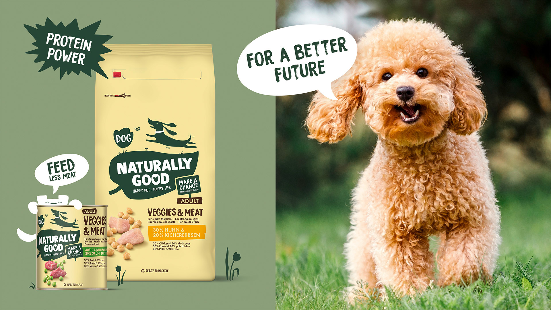 Fressnapf Naturally Good Verpackungsdesign Packshots neben Bild von jungem Pudel