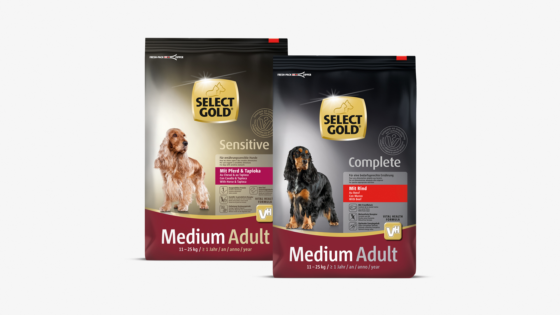 Altes Verpackungsdesign von Fressnapf Select Gold Hundefutter, zwei Packshots Medium Adult Beutel
