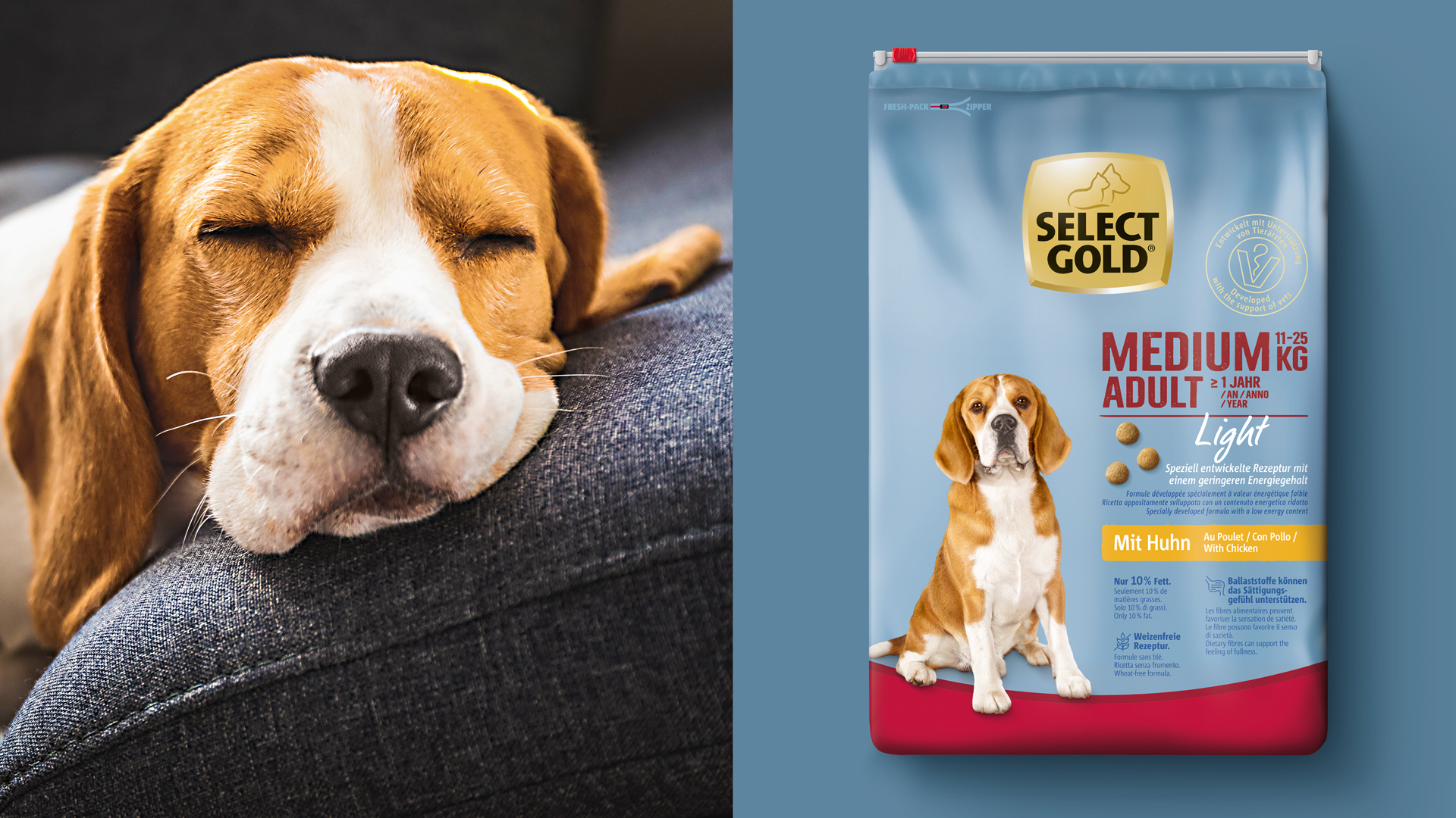 Verpackungsdesign Packshot von Fressnapf Select Gold Medium Adult Light