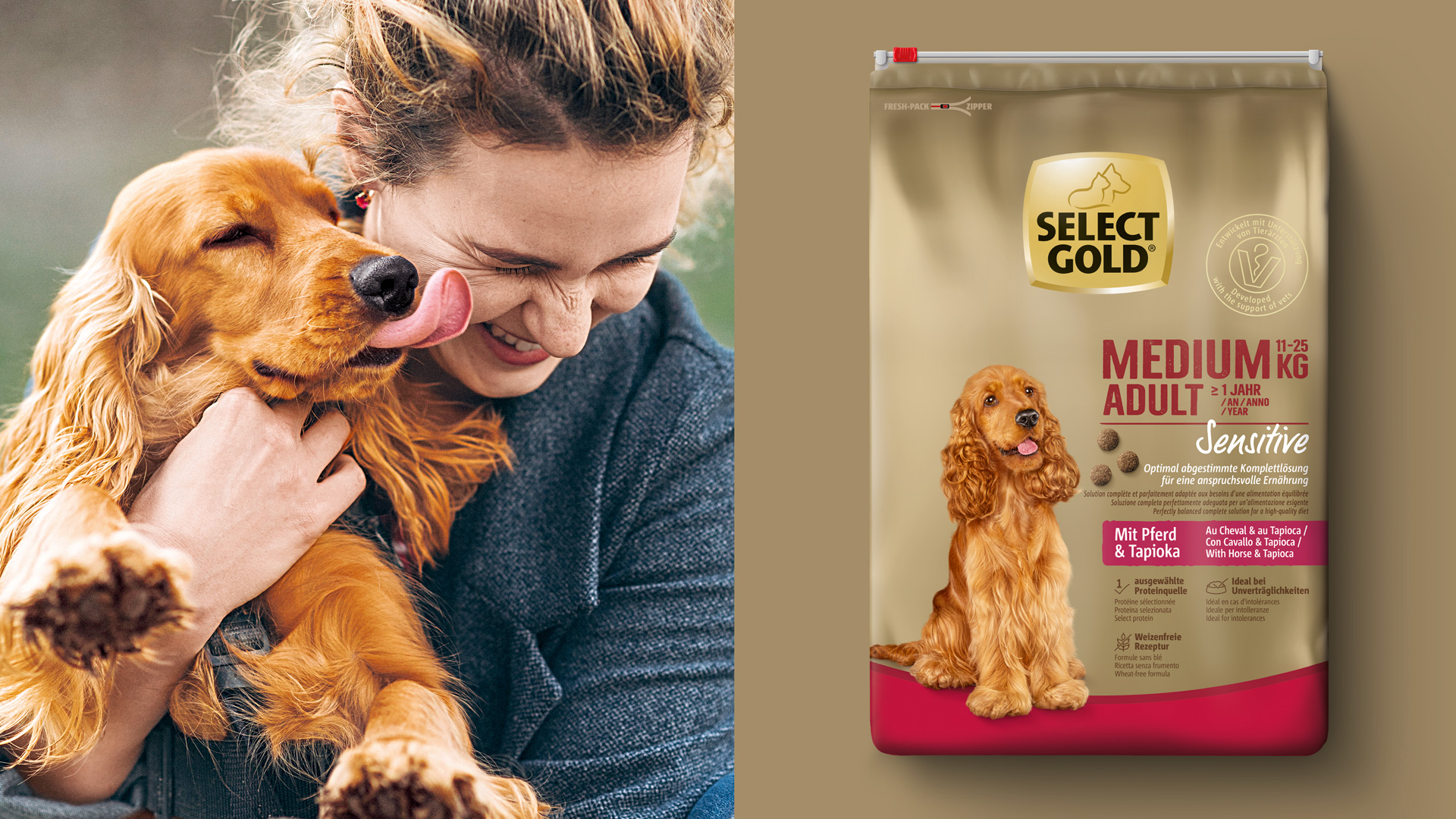 Verpackungsdesign Packshot von Fressnapf Select Gold Medium Adult Sensitive