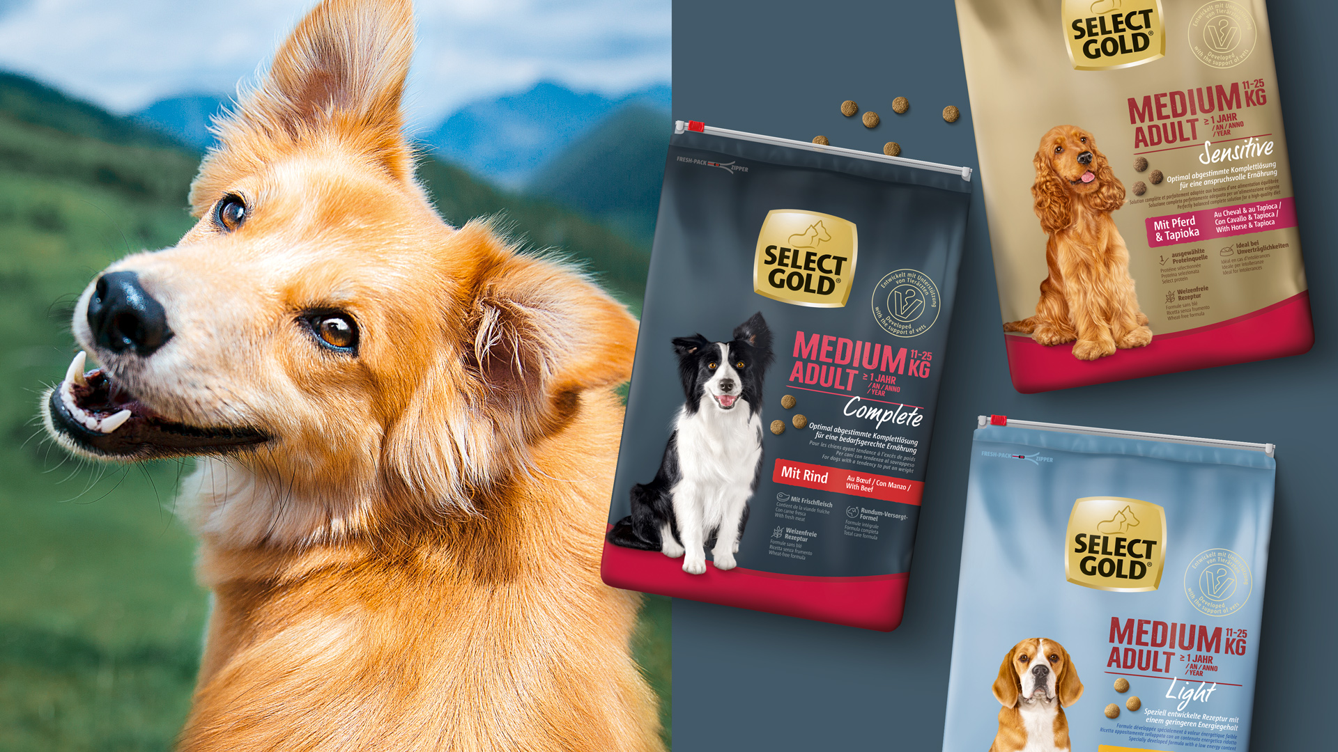Verpackungsdesign Packshots von Fressnapf Select Gold Medium Adult Complete, Sensitive und Light