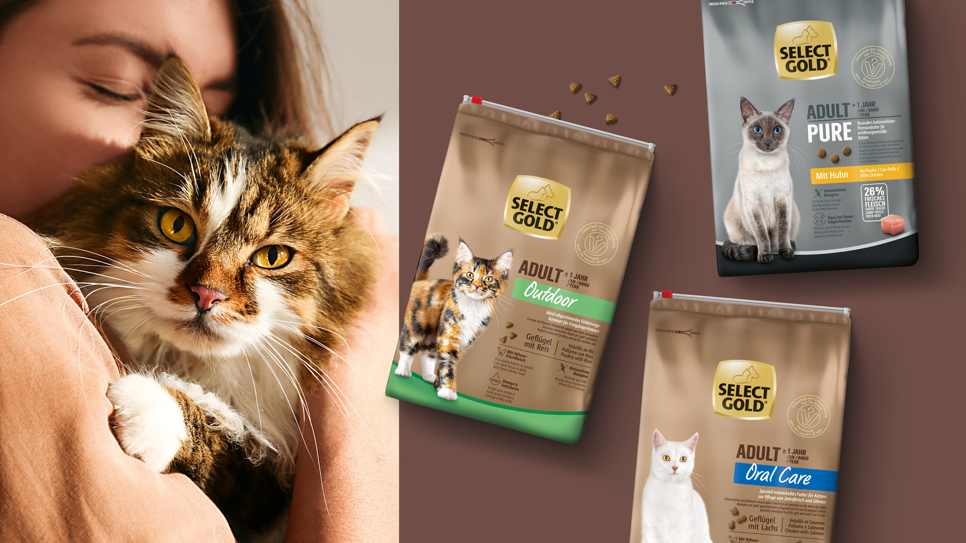 Verpackungsdesign Packshots von Fressnapf Select Gold Adult Outdoor Pure und Oral Care Katzenfutter