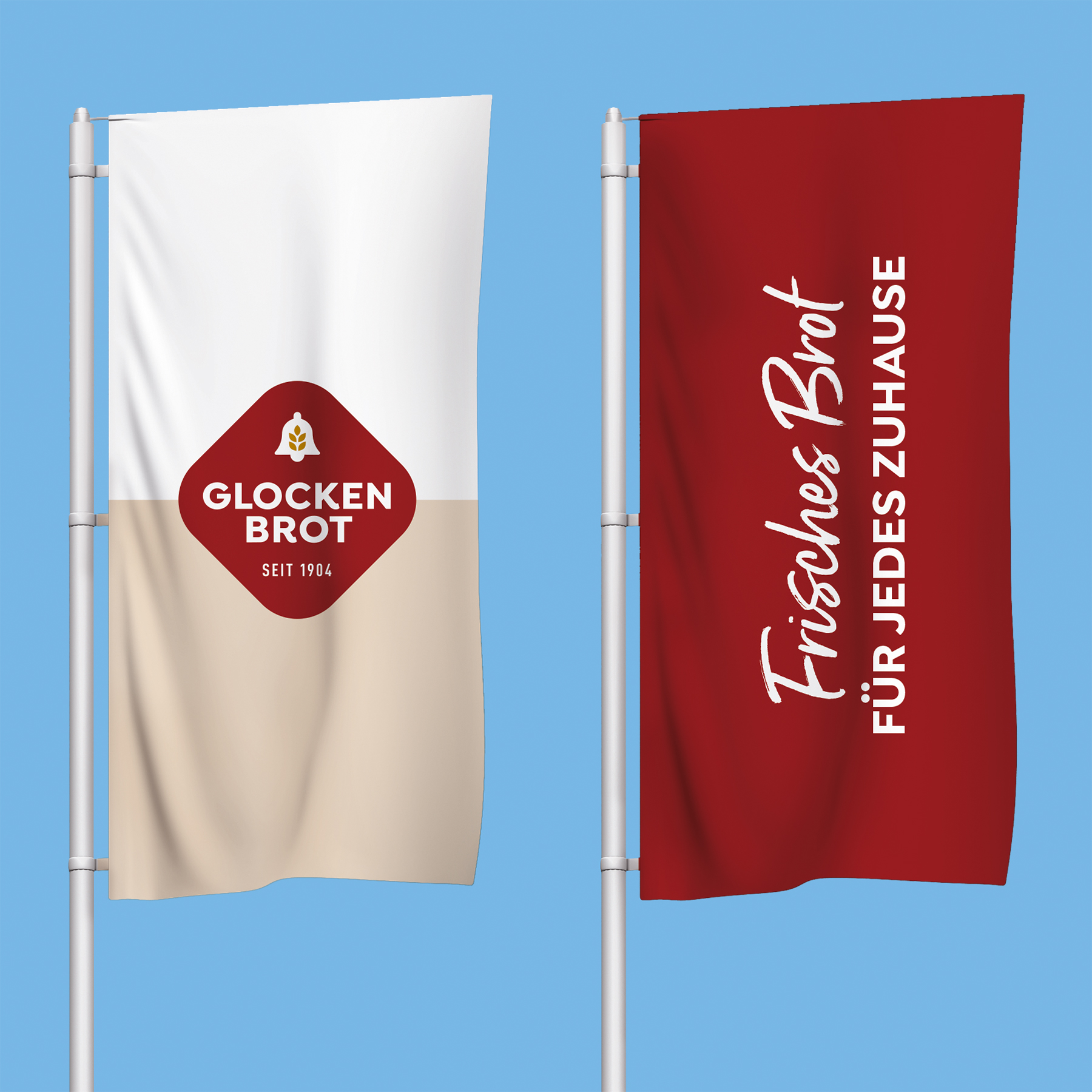 Fahnen mit neuem Corporate Branding für Glockenbrot von Verpackungsdesign-Agentur HAJOK Design Hamburg.