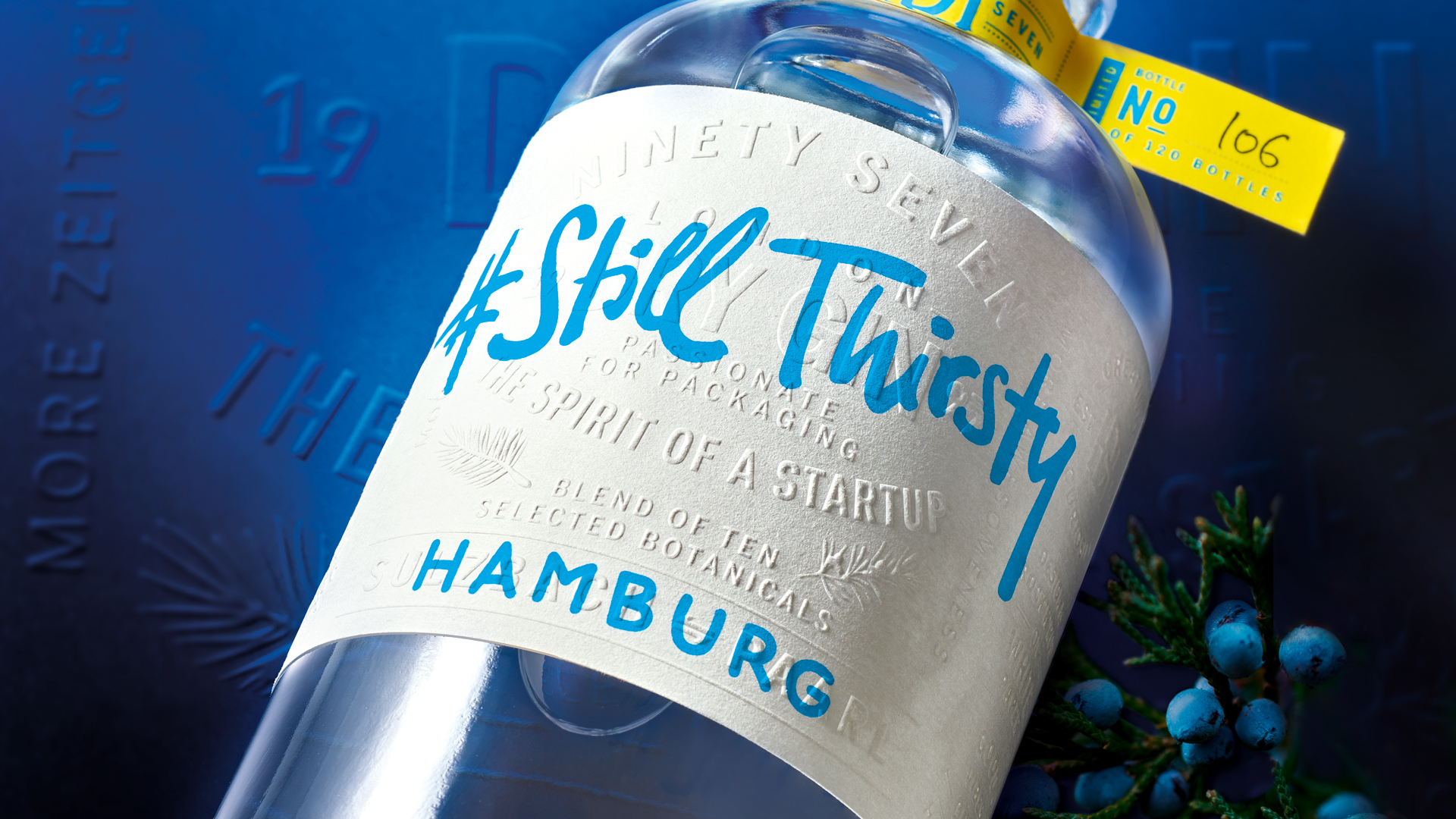 Etikett eines Gin Verpackungsdesigns von der Agentur HAJOK, Still Thirsty 25 Jahre Jubiläum