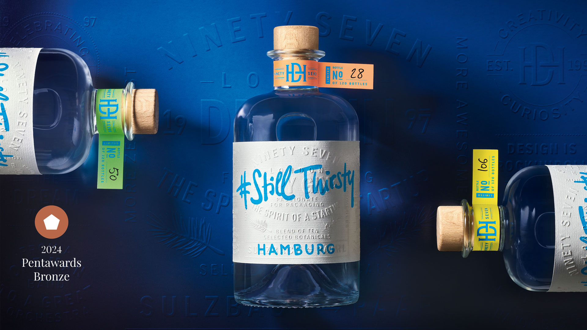 Drei Flaschen Gin mit Etikett von Verpackungsdesign Agentur HAJOK, Pentawards 2024 Bronze Gewinner