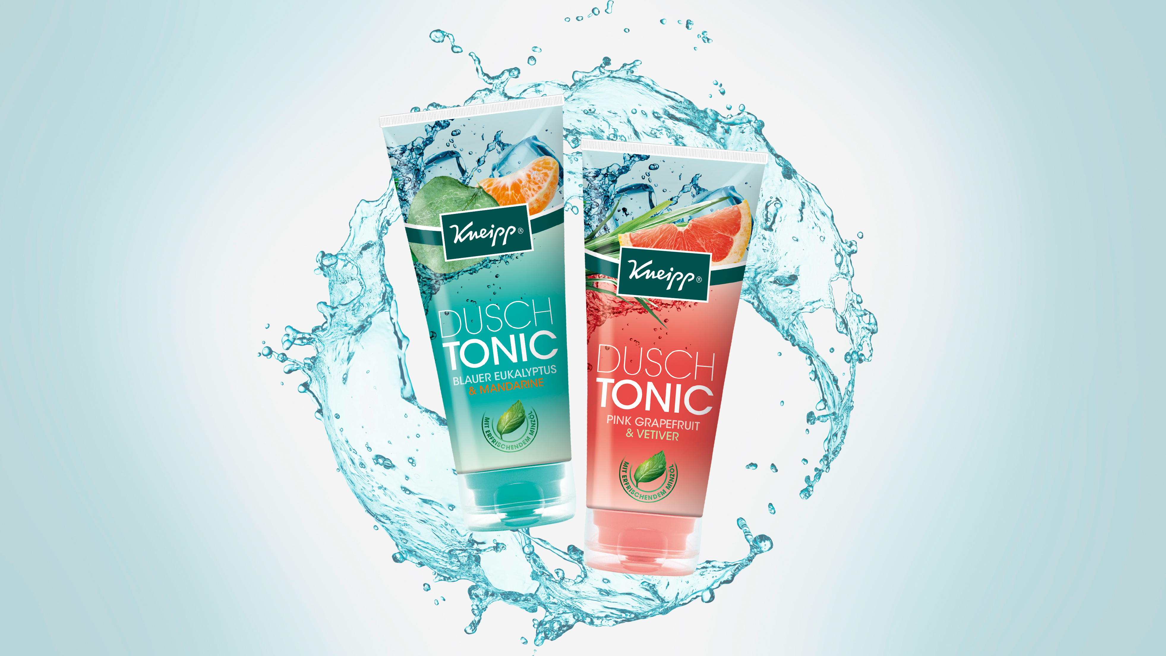 Kneipp Disch Tonic Verpackungsdesign Packshots in kreisförmigen Wasser Splash