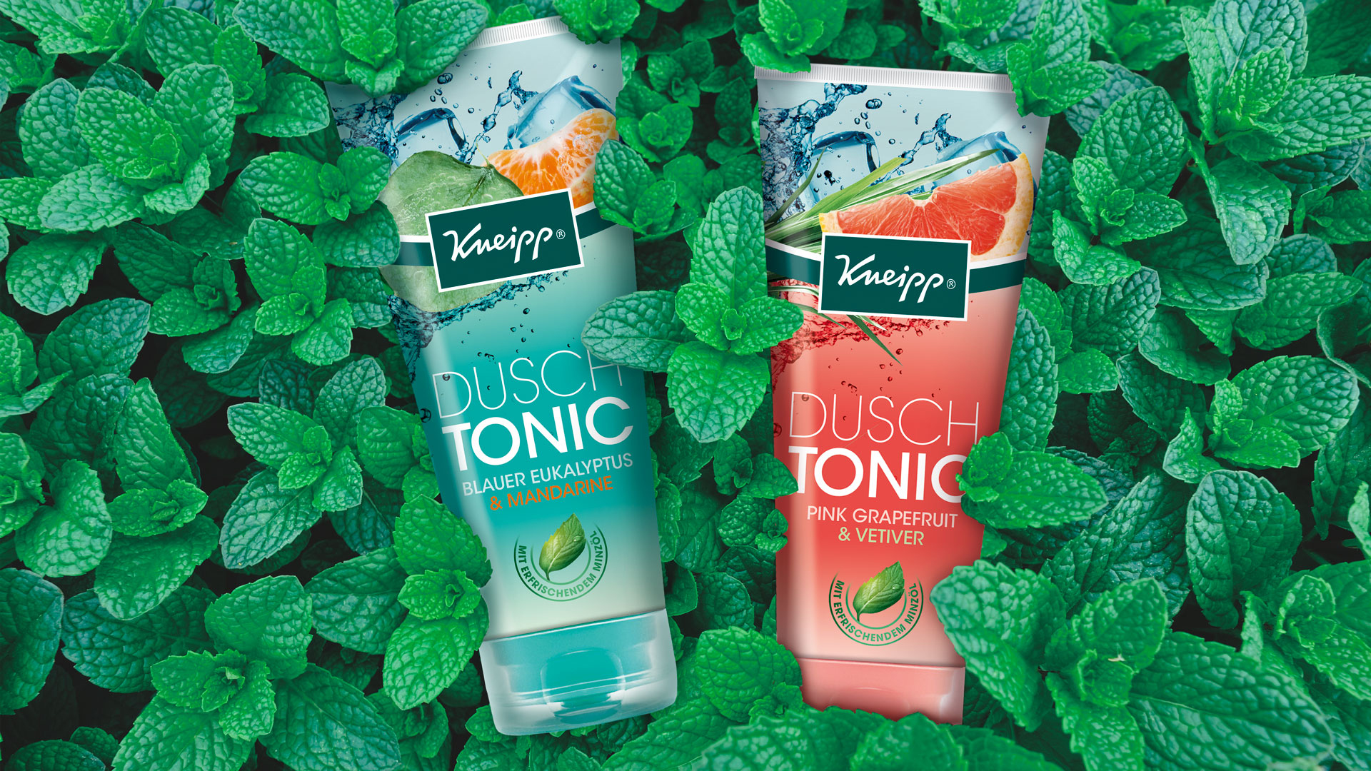 Kneipp Dusch Tonic Verpackungsdesign Packshots in einem Feld aus Minze