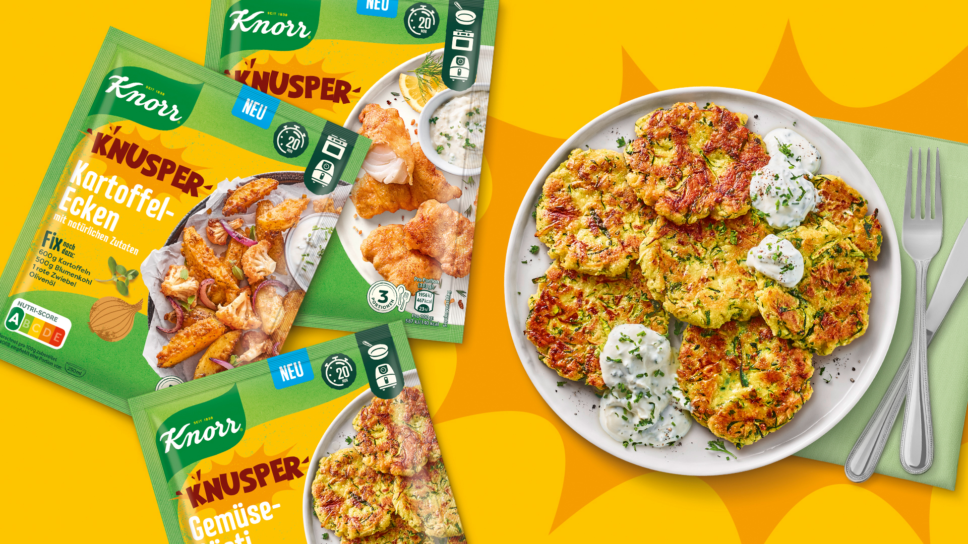 Unilever Knorr Knusper Range Packshot Übersicht neben einem Teller Gemüse Röstis