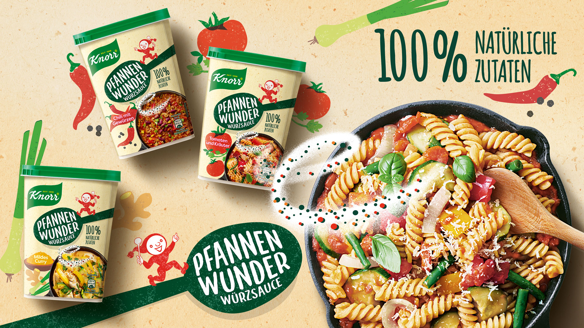 Unilever Knorr Pfannenwunder Packshots neben einer Gemüse-Nudel-Pfanne