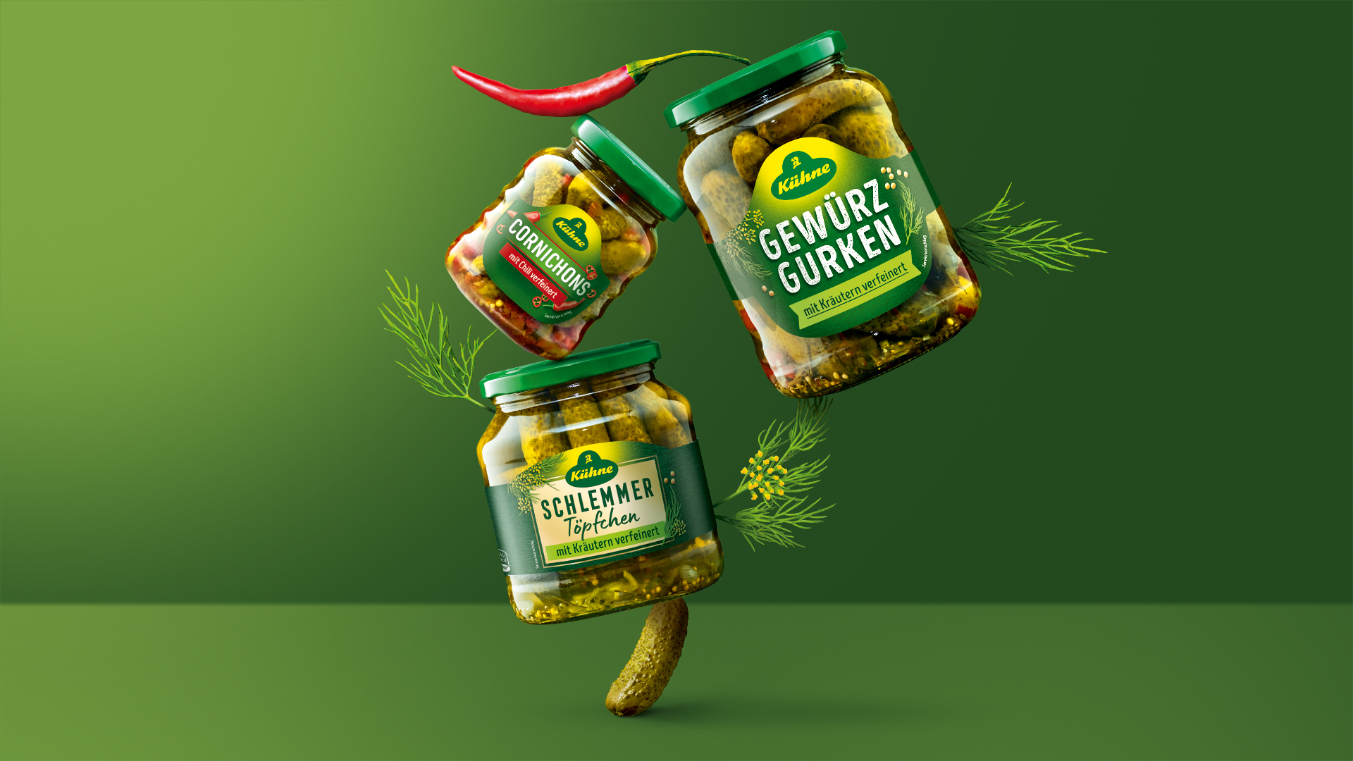 Verpackungsdesign für Kühne Gewürzgurken, Gläser balancieren übereinander