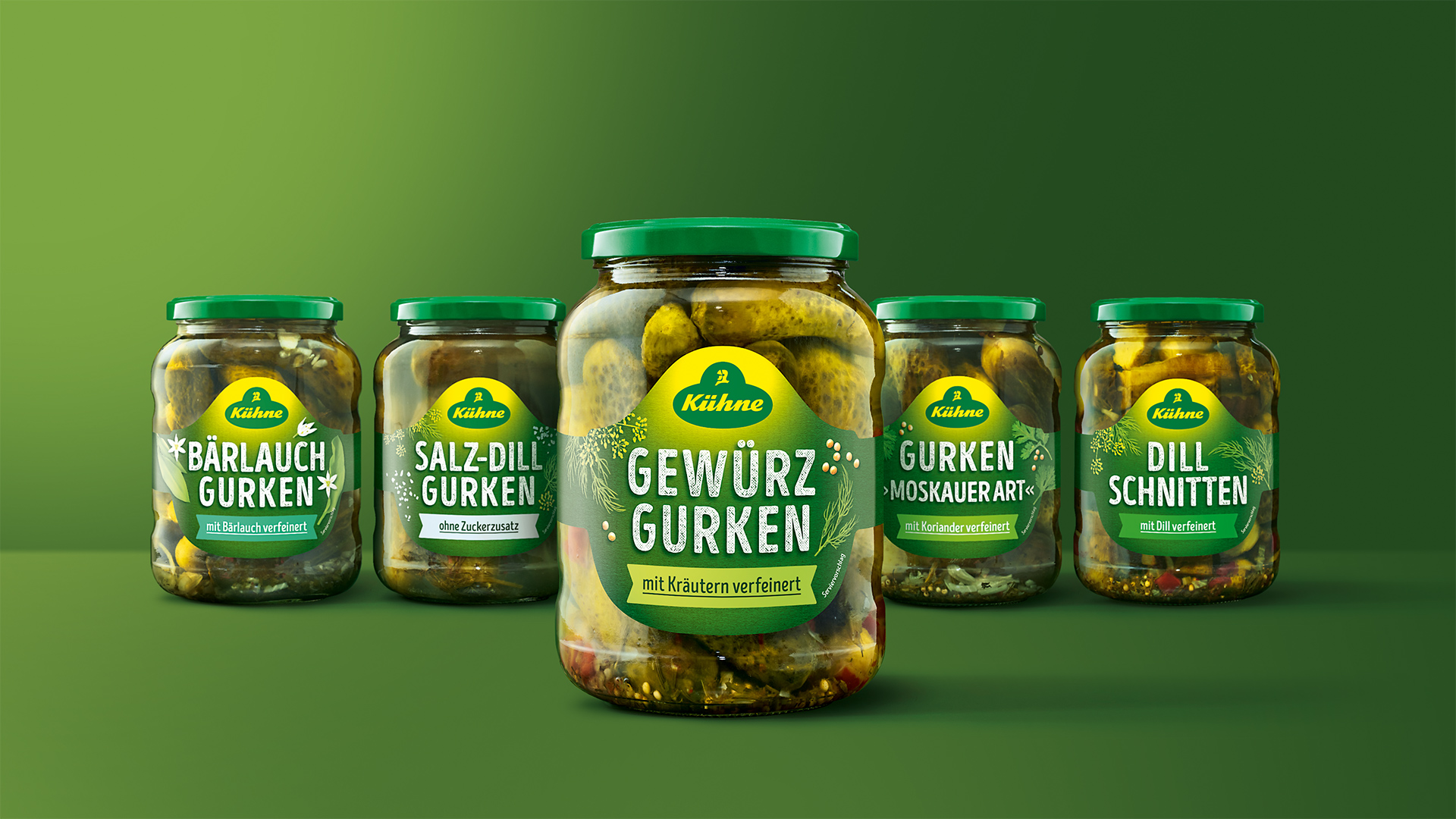 Verpackungsdesign für Kühne Gewürzgurken Packshots Range Übersicht