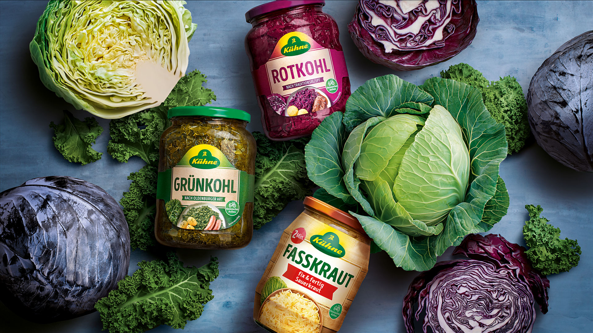 Verpackungsdesign Kühne Grünkohl, Rotkohl und Fasskraut Übersicht mit diversem Kohl