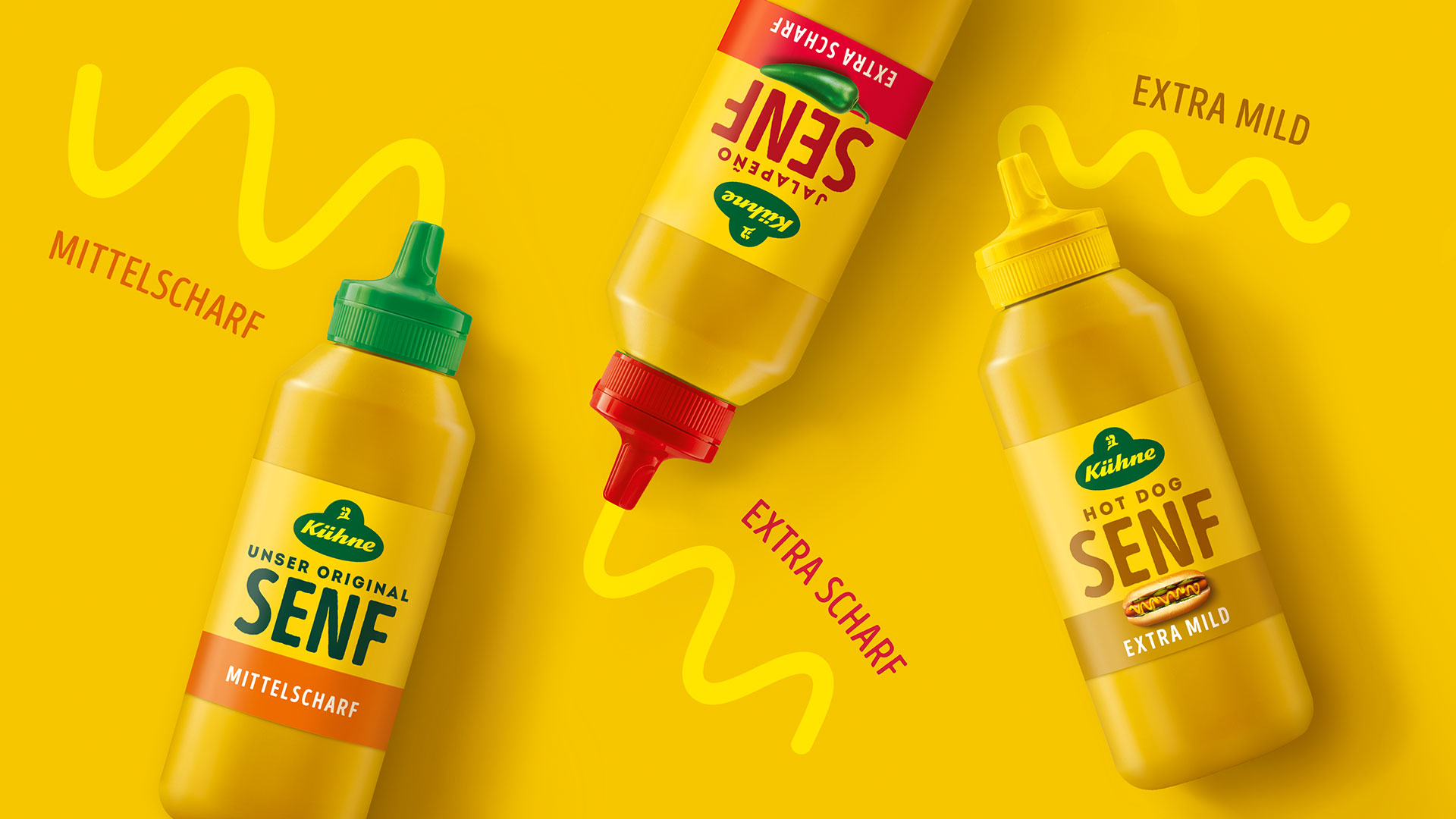Die neuen Etiketten der Kühne Senf Tuben nach dem Relaunch von Hamburger Verpackungsdesign Agentur HAJOK.