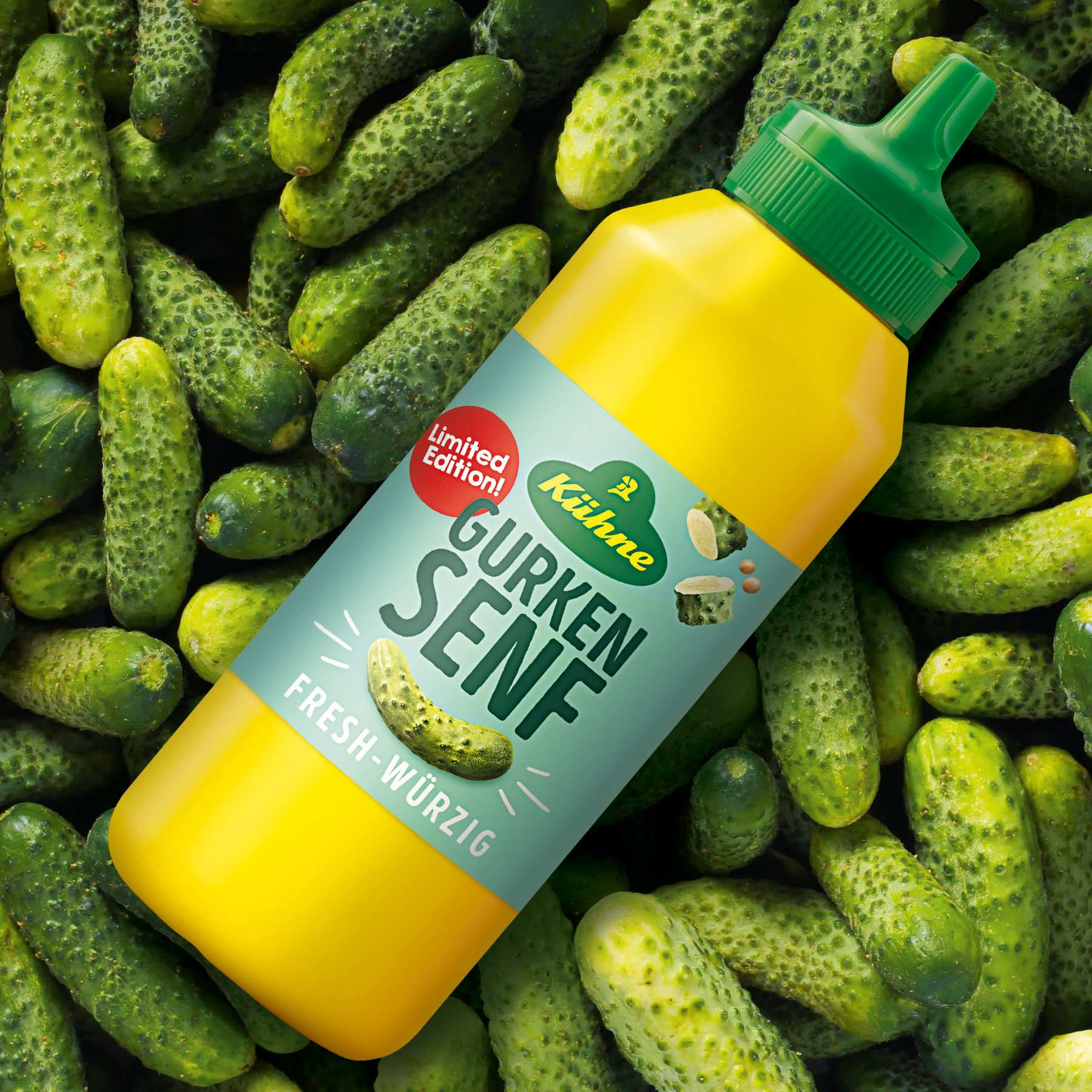 Verpackungsdesign Agentur HAJOK gestaltet Etikett vom neuen Kühne Gurken Senf.