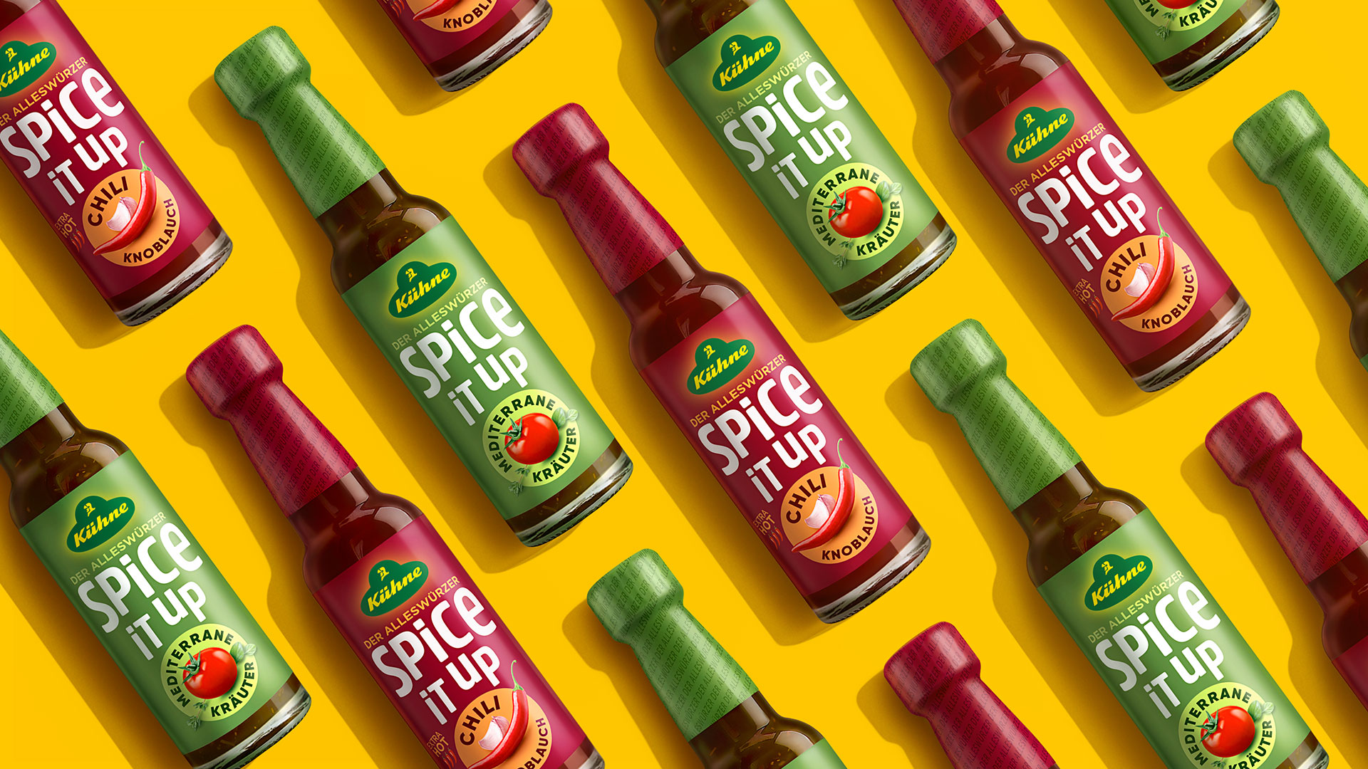 Verpackungsdesign für die beiden Sorten der Kühne Würzsoße Spice it up, gestaltet von HAJOK