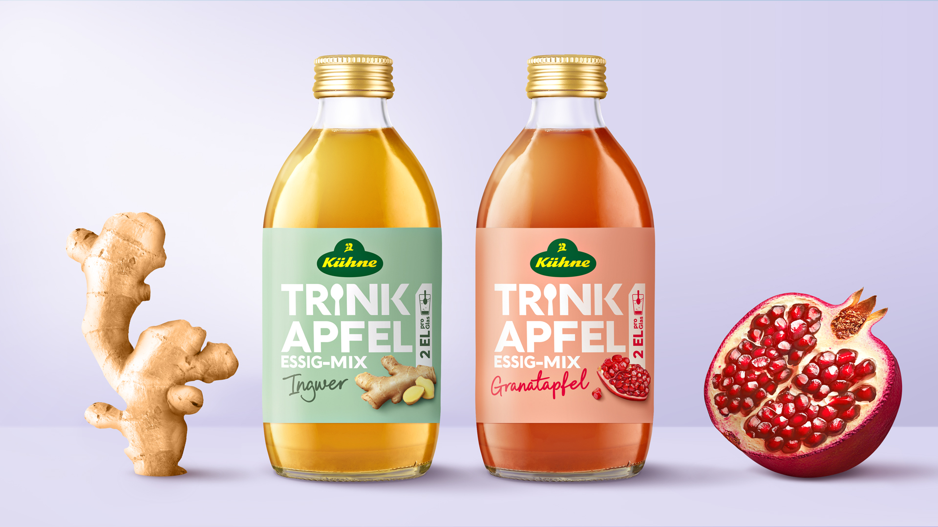 Zwei Flaschen Kühne Trinkapfel Essig Mix Ingwer und Granatapfel, Verpackungsdesign von Design Agentur HAJOK